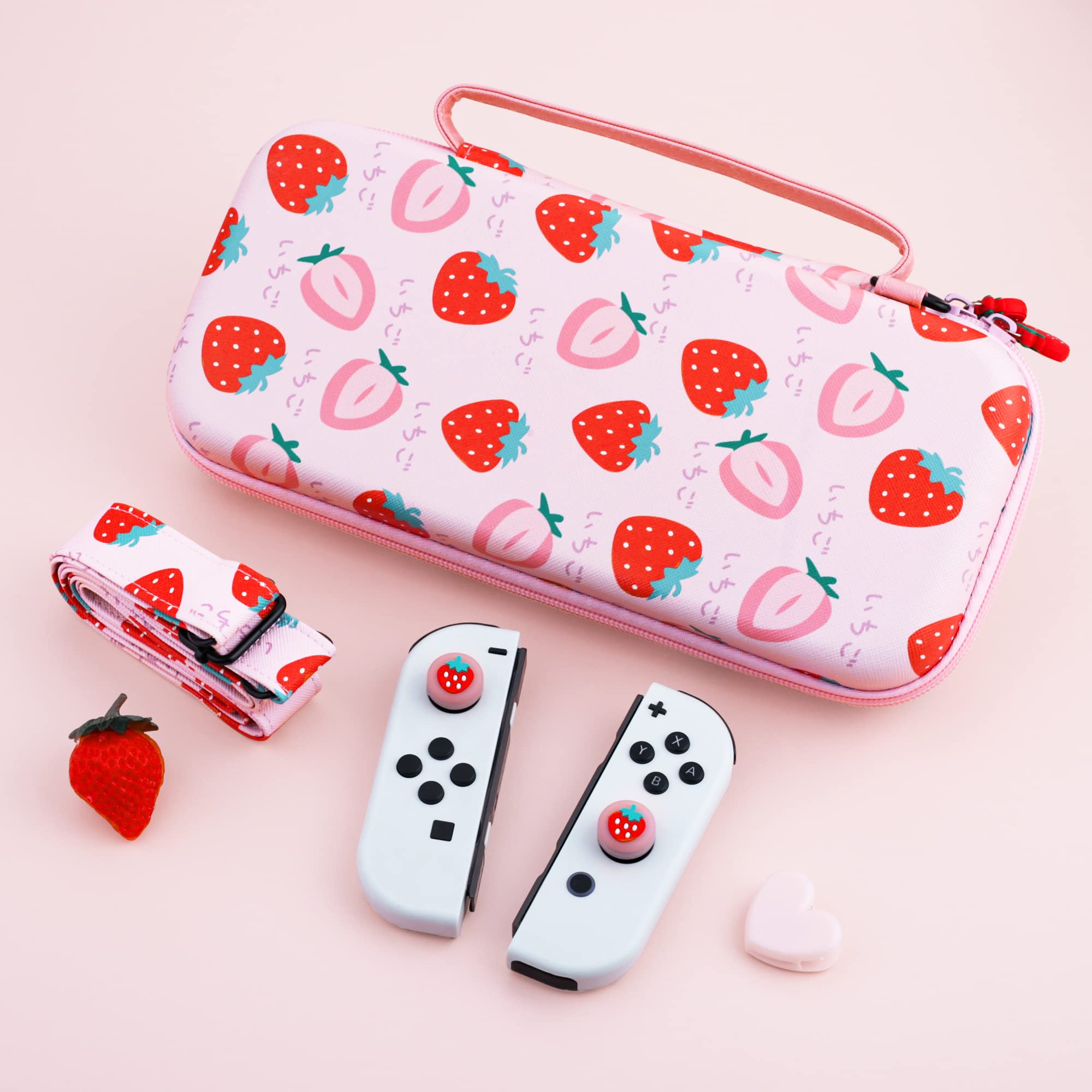 FANPL Étui de Transport pour Nintendo Switch et Switch OLED, étui de Voyage Rose Fraise avec bandoulière réglable, poignées pour Les Pouces, Coque de Protection Rigide Anti-Rayures, Rose