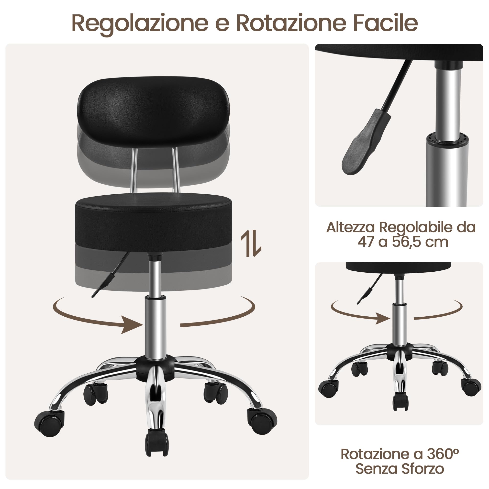 Sgabello con Ruote e Schienale, Sgabello da Ufficio a Rotelle Regolabile in Altezza 47-56,5 cm, Sedia Girevole da Trucco, Estetista, Salone, Studio (Nero)