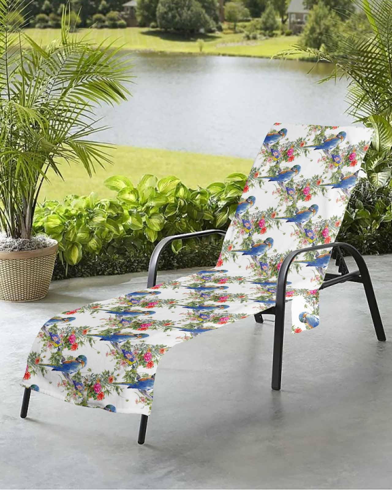 Tropical Birds Flower Beach Chair Towel Covers for Chaise Lounge with Side Pocket, Soft Plush Pool Towels Cover for Patio Sunbathing Outdoor 29''x85'' Spring Summer Blue White Watercolor