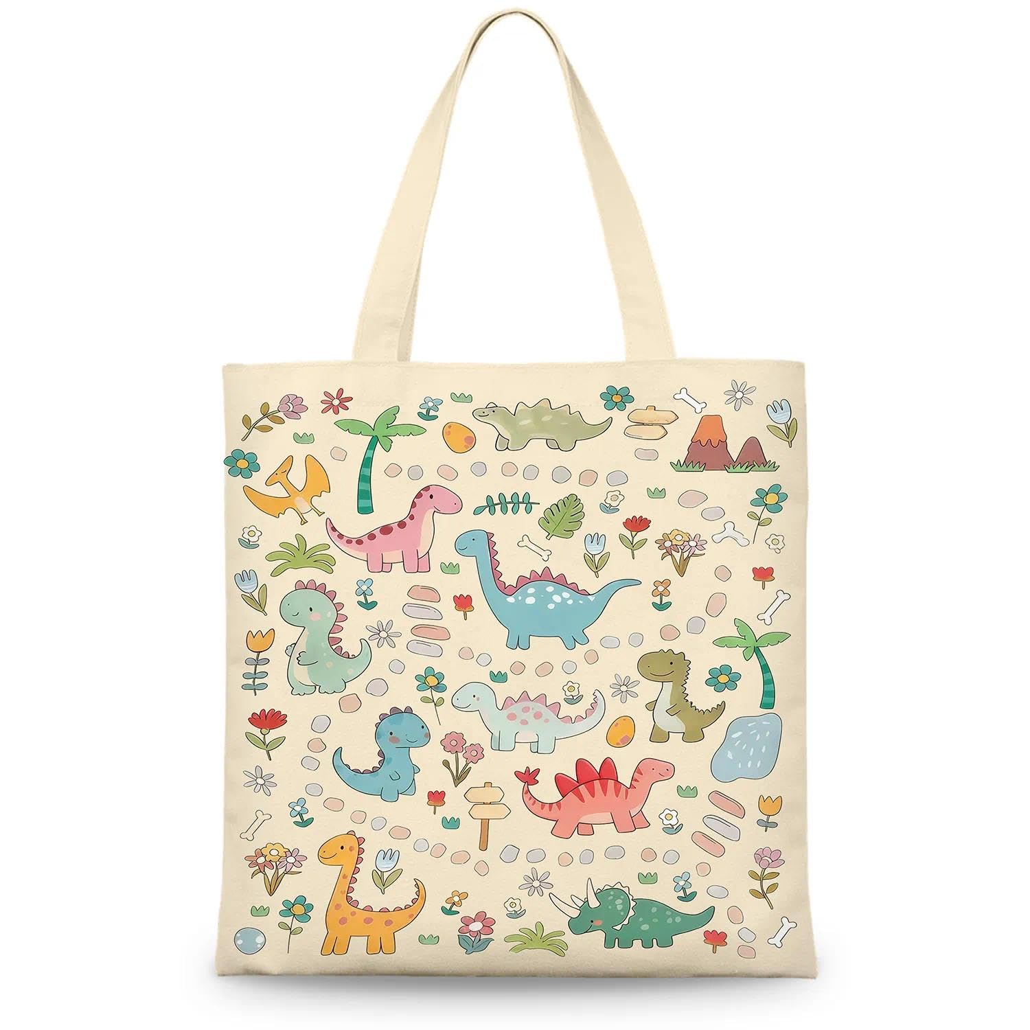 ZENITHYX Dinosaur Canvas Tote Bag, Cartoon Dinosaur Tote Bag for Kids Teens Adults, Reusable & Foldable Canvas Shoulder Bag with Magnetic Buckle and Inner Pocket for Work Travel Shopping