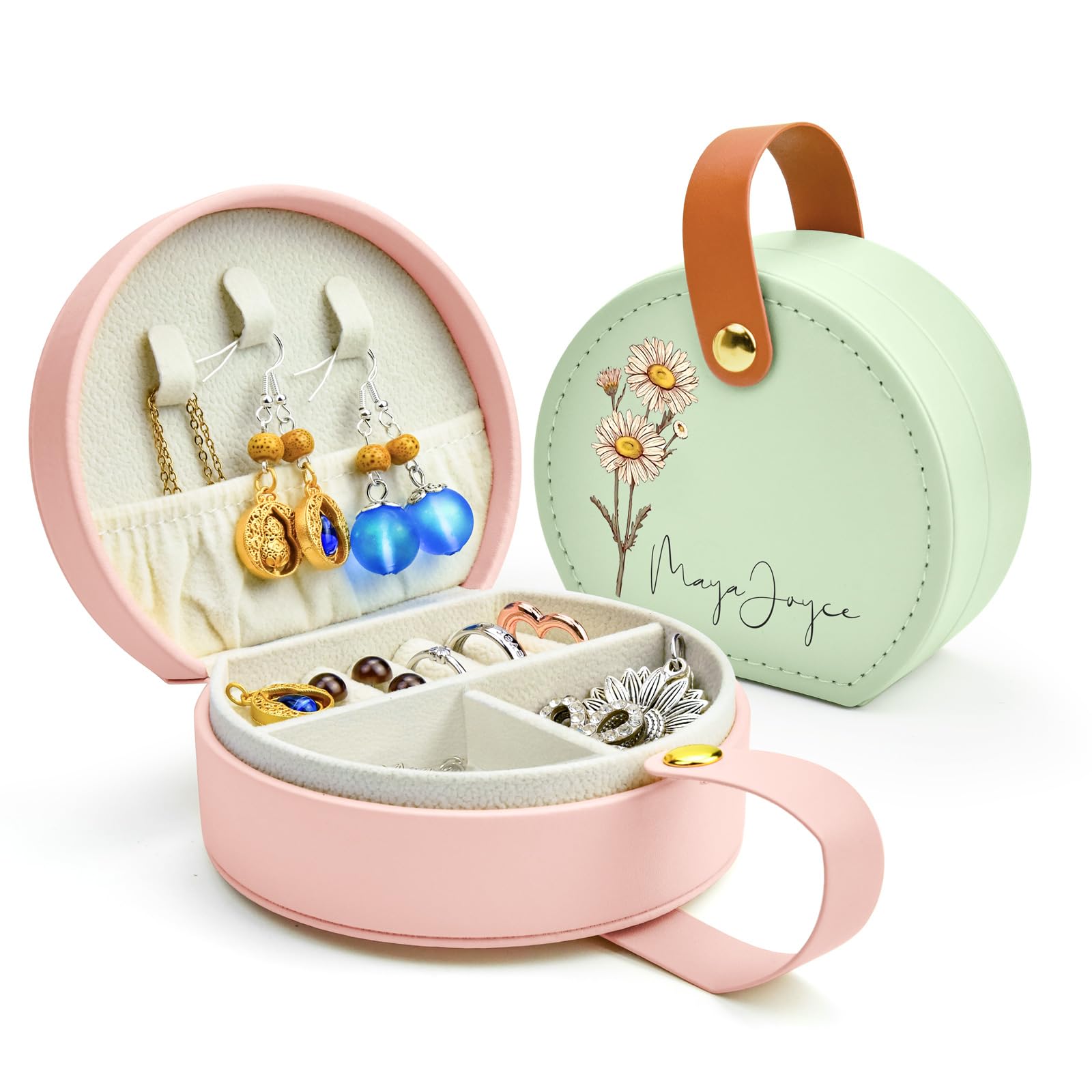 Personalized Leather Travel Jewelry Box with Name and Birth Flower for Women Gifts Custom Small Travel Jewelry Organizer Case Bridesmaid Proposal Gifts, Personalized Gifts for Women (Birth Flower)