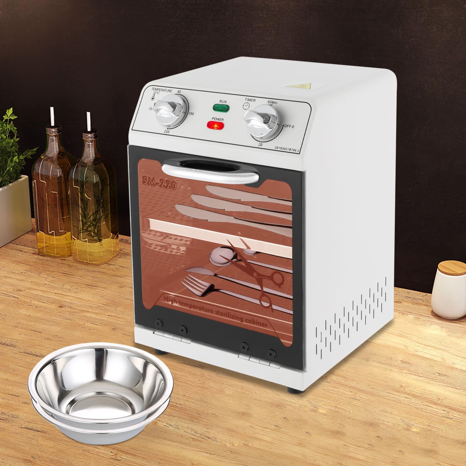 Stérilisateur Haute Température 220 °C Maximale, 8L, Avec Contrôle de la Température et Minuterie 0 à 60 min, Pour Couverts en Inox, Outils de Manucure, Matériel de Coiffure, Blanc