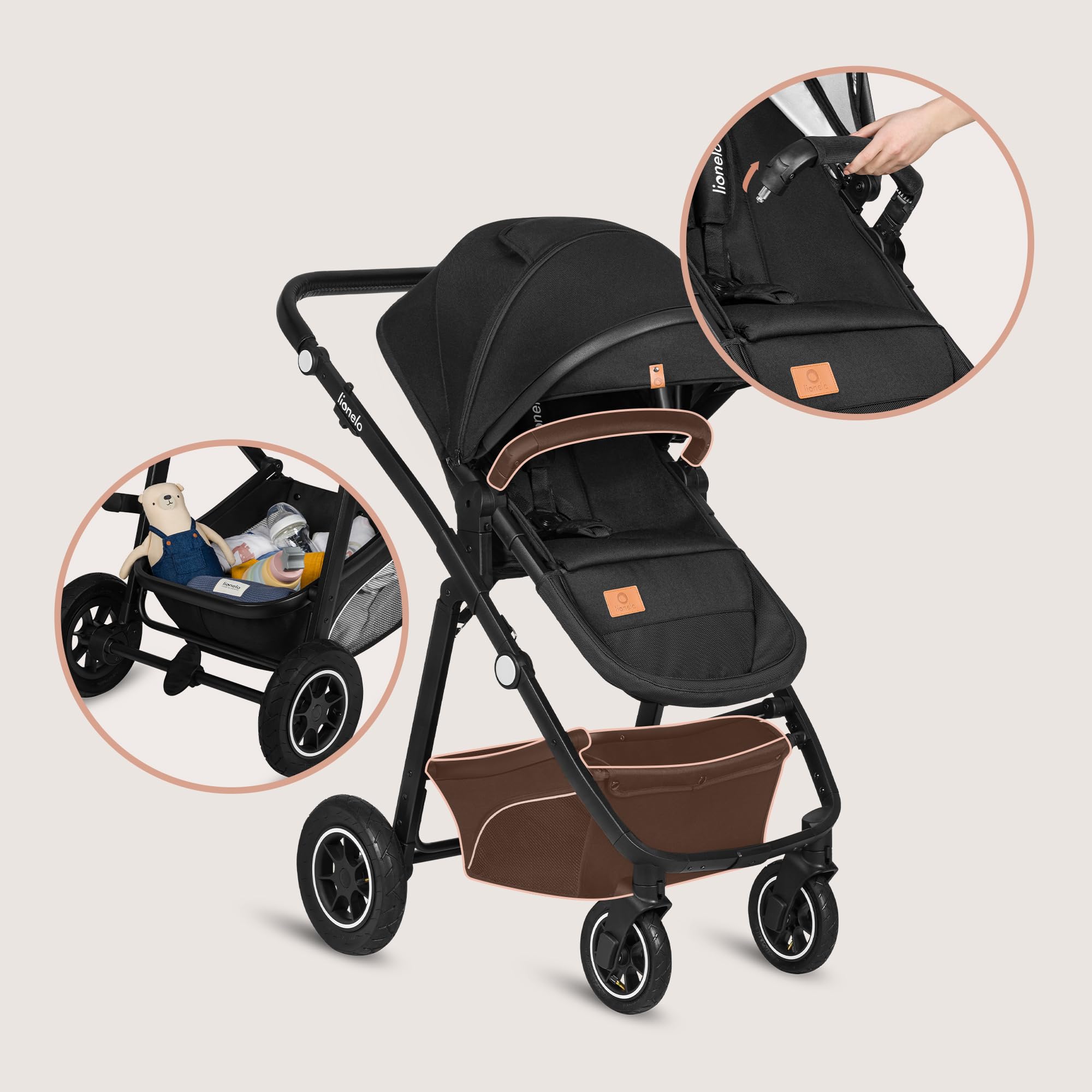 LIONELO BIANKA Kinderwagen 3 in 1 bis 22 kg Babywanne Autositz Reise-System Zusammenlegbar Stoßdämpfer Verdeck XXL