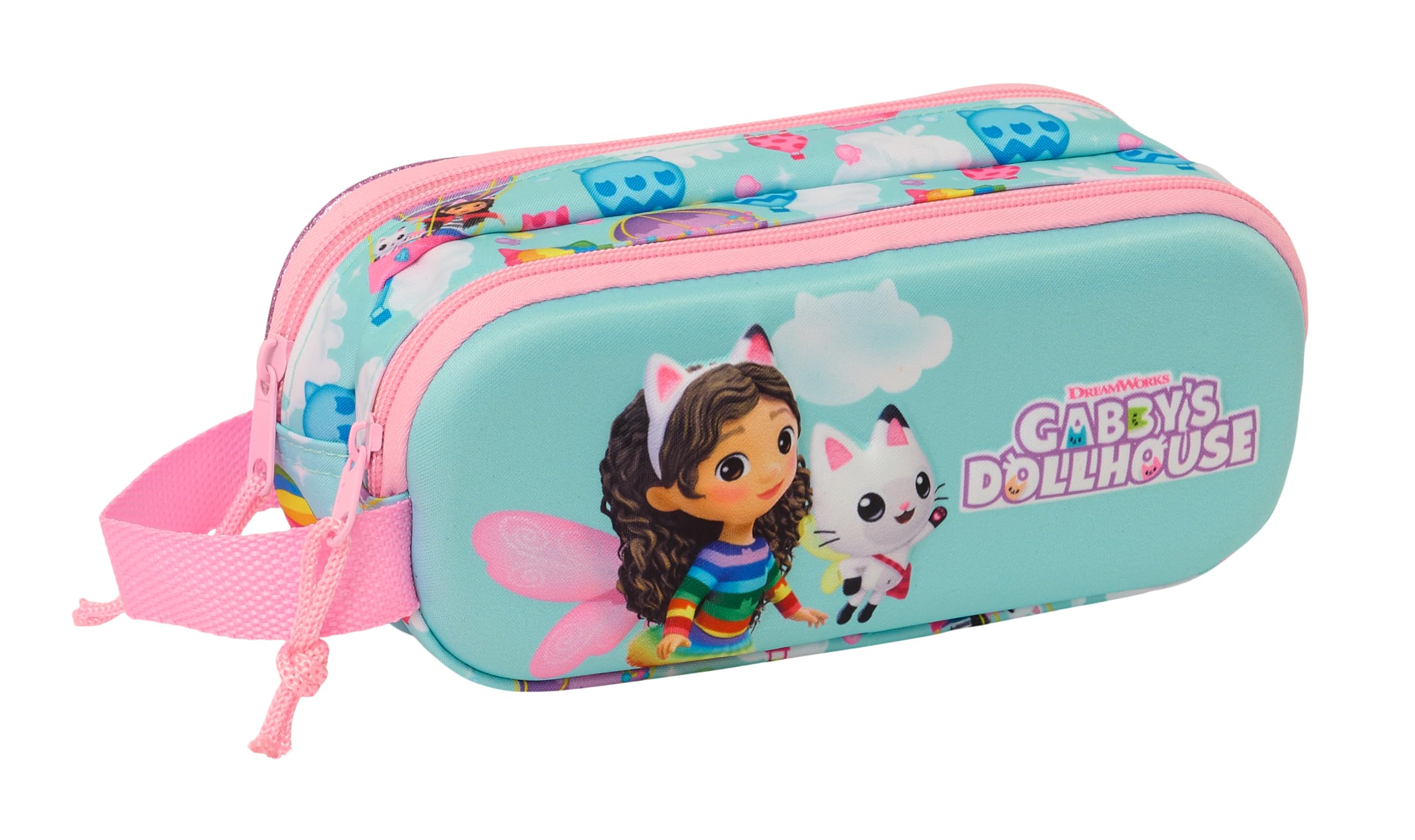 Safta GABBY'S Dollhouse 3D - Portatodo Doble 3D, Estuche Infantil, Estuche Niño, Ideal para Niños en Edad Escolar, Cómodo y Versátil, Calidad y Resistencia, 21x6x8 cm, Color Celeste/Rosa