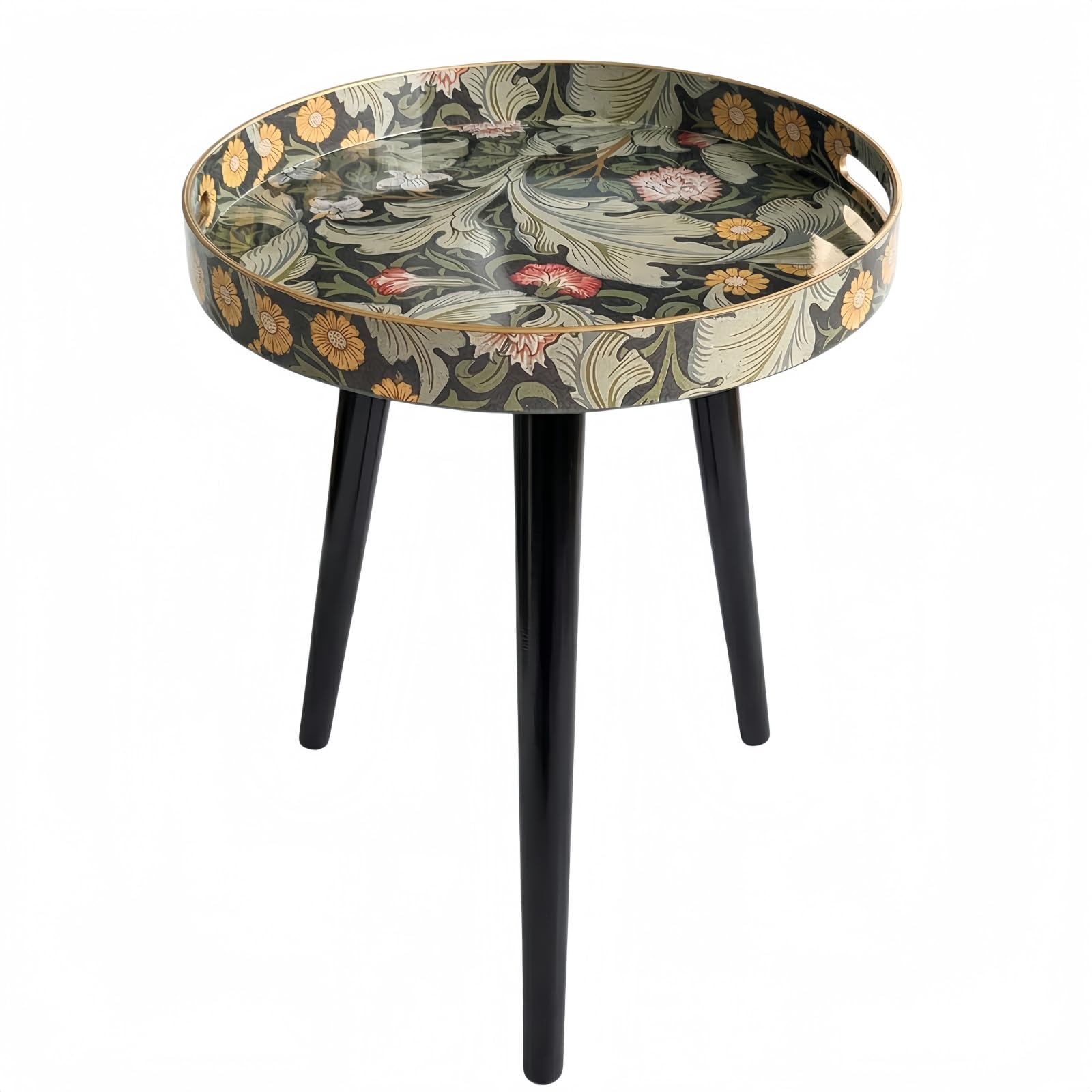 Simmer Stone Round Indoor Side Tables with Detachable Wooden 3 Legs, Versatile Tray Table, Perfect For Round Coffee Table Tea, and Relaxation Time 17.7 Inch (Green Daisy)