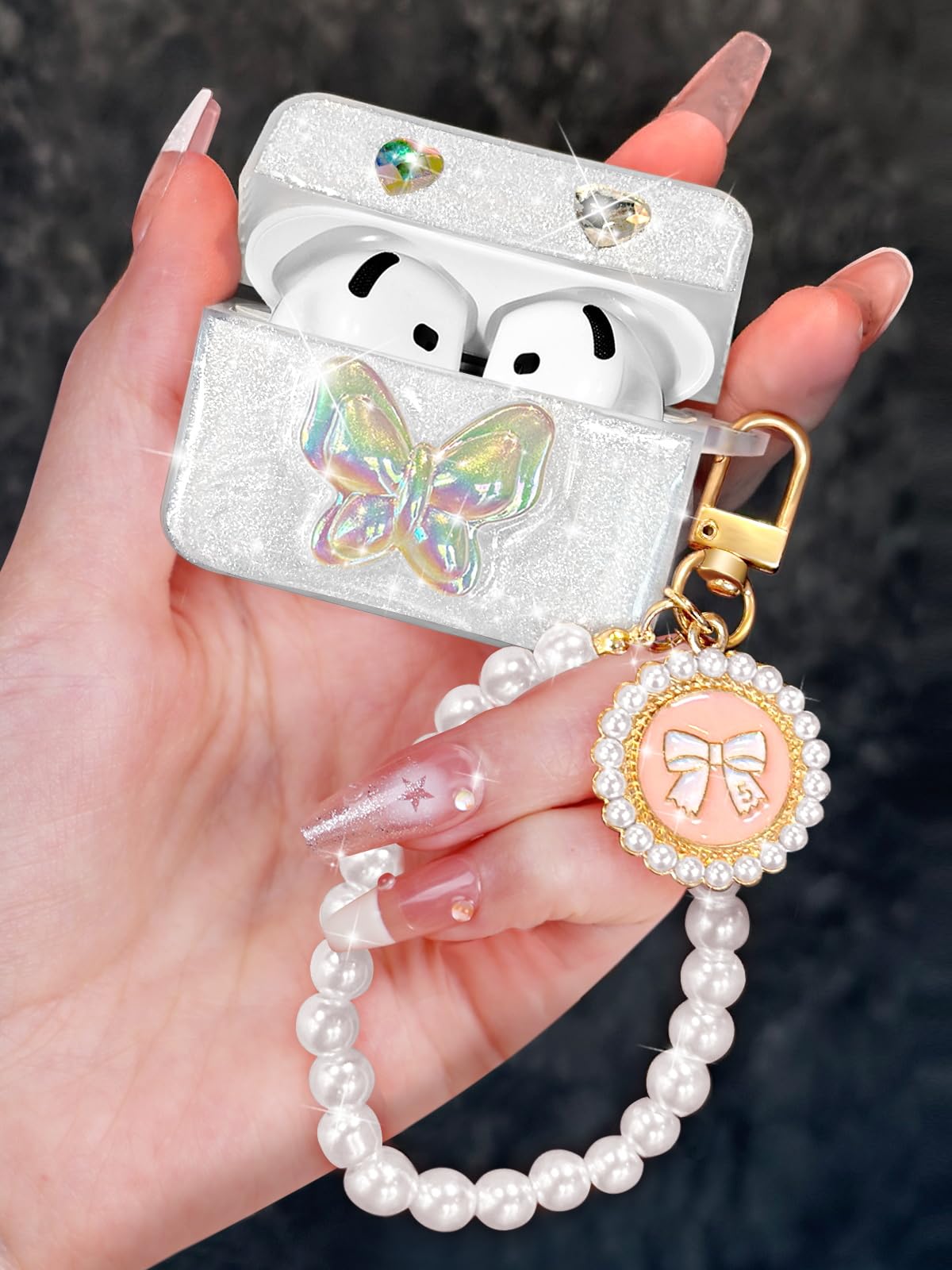 Boaretiu for AirPods 4 Case with Pearl Bow Keychain - Stylish Protective Cover for Women, Cute Girls Kawaii Girly Unique Silicone Design Case for