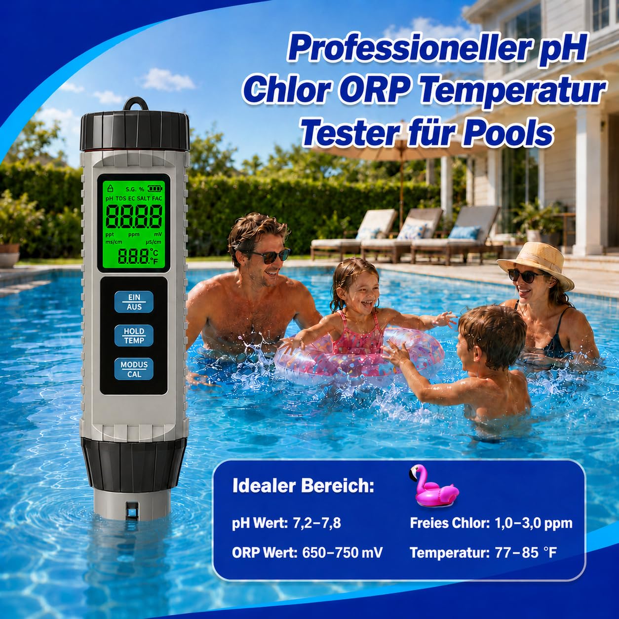 Genossen Testeur d’Eau 8 en 1, pH-mètre Numérique pour pH, TDS, EC, Salinité, ORP, Chlore Libre, Densité et Température, pour Piscine, Aquarium, Spa et Hydroponie