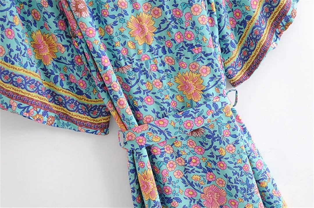 Disimlarl Bata kimono bohemio con estampado floral para mujer, manga de murciélago, para playa, fajas de rayón, verano, bikini, para ropa de playa