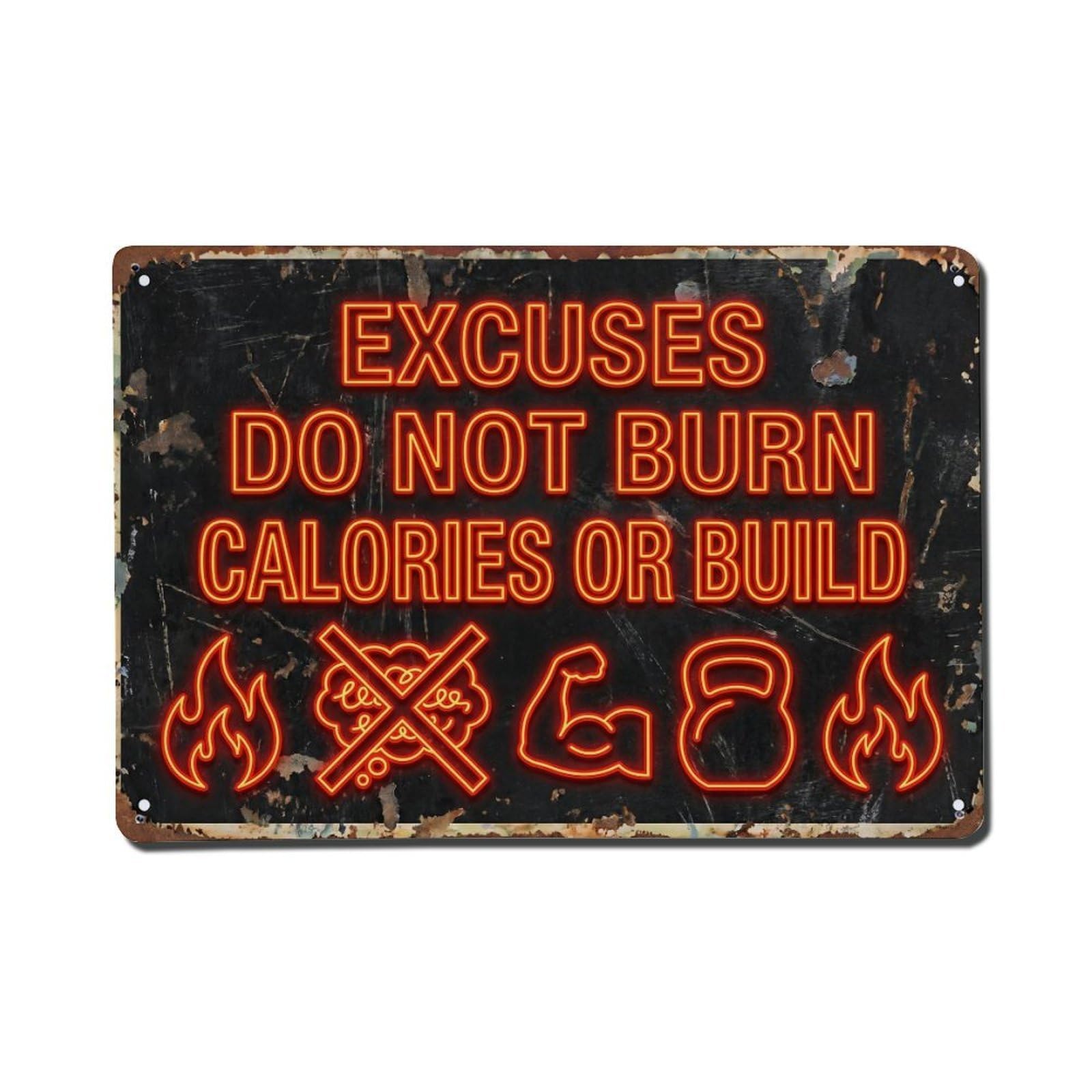 Excuses Not Burn Calories Retro Motivational Slogans Metal Tin Sign Plaque Wall Decor for Cafe, Club Bar, Office, Home Garden Metal Poster 8x12Inch