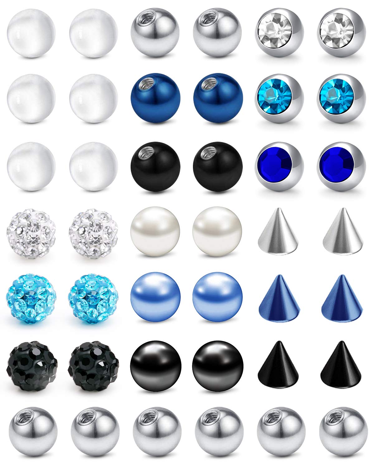 LAURITAMI30-49Pieza 14G Color Mixto Piercing Bolas de Reemplazo Acero Inoxidable Claro Acrílico Parts for Industrial Barbell Pezón Lengua Barra Cuerpo Joyería