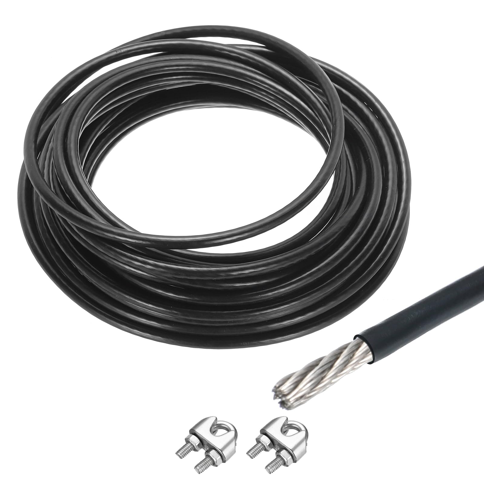 QUARKZMAN 10M x 6mm (33Ft x 1/4") Fune Metallico Cavo Acciaio Inossidabile 304, Tenditore Tirante con 2pz Mandrini a Vite per Appendere Stendibiancheria Sollevamento, Nero