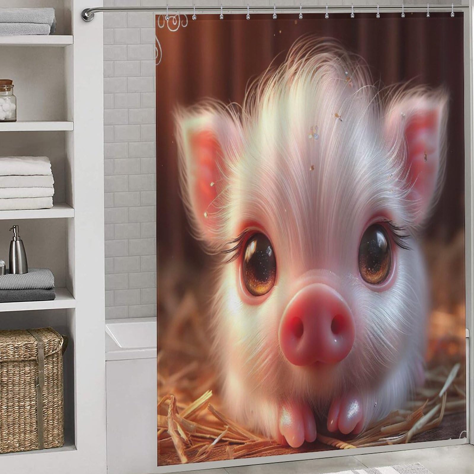 Rideau douche tissu cochon mignon 168x183 cm lavable avec crochets