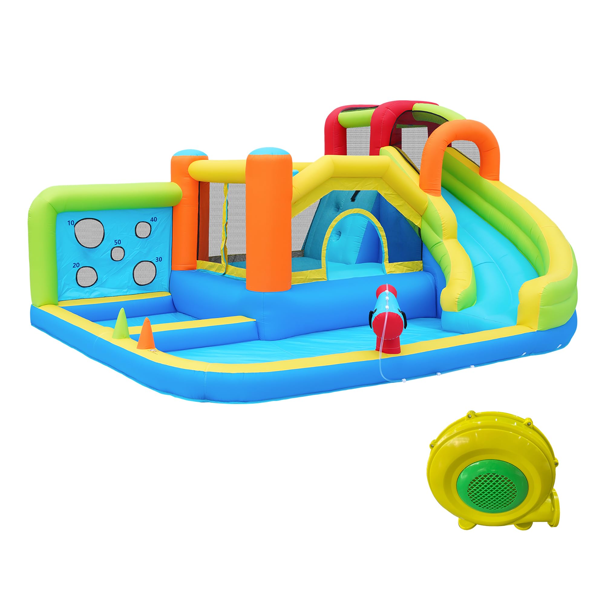 Castillo hinchable XXL con tobogán acuático y trampolín, parque acuático para niños con piscina infantil, pared de escalada, pistolas de agua, soplador de 450 W, 410 x 315 x 203 cm, jardín/interior, a