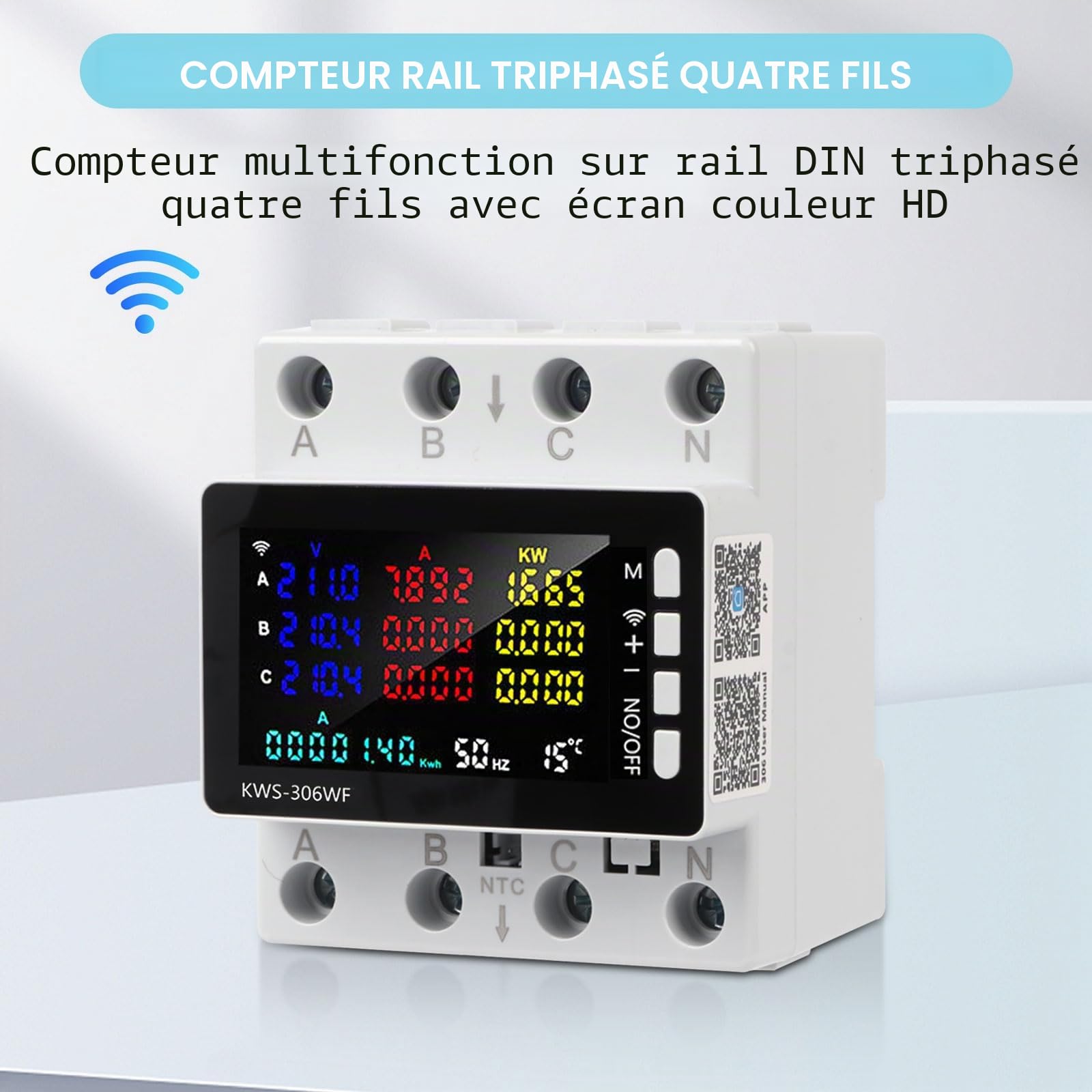 3-Phase 80A WiFi Compteur Electrique avec Télécommande APP, 9 en 1 Compteur D'énergie Triphasé 220 V Rail DIN 35 mm, Mètre Watt KWh Voltmètre Ampèremètre Avec Écran LCD avec Protection Multiple