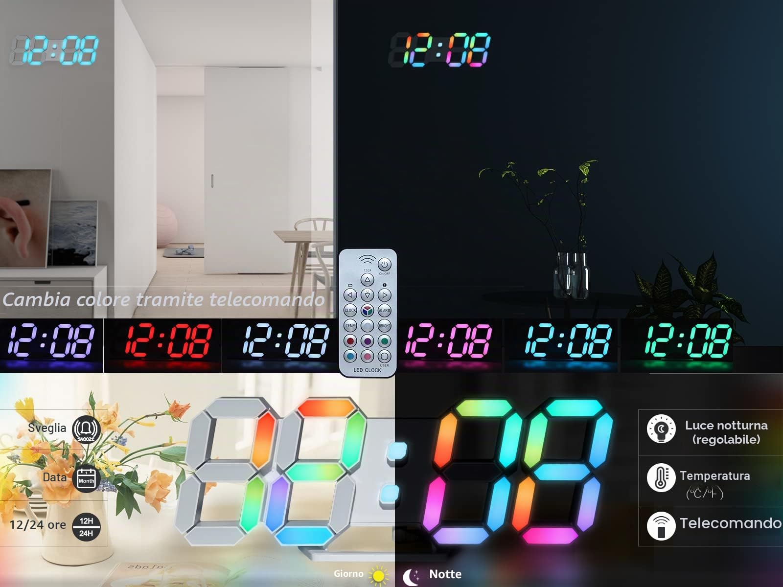 KOSUMOSU Orologio da parete al neon digitale 3D LED orologio da scrivania grande display RGB 24.7 cm sveglia estetica per camera da letto, soggiorno, colorato, luminosità regolabile, data/temperatura…