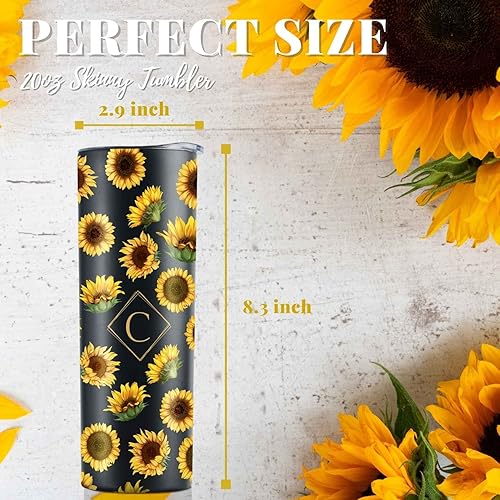 Miniatura 6 de Onebttl Regalos de girasol con inicial para los amantes del girasol, vaso de vino de acero inoxidable con inicial de 20 onzas con diseño de girasol,