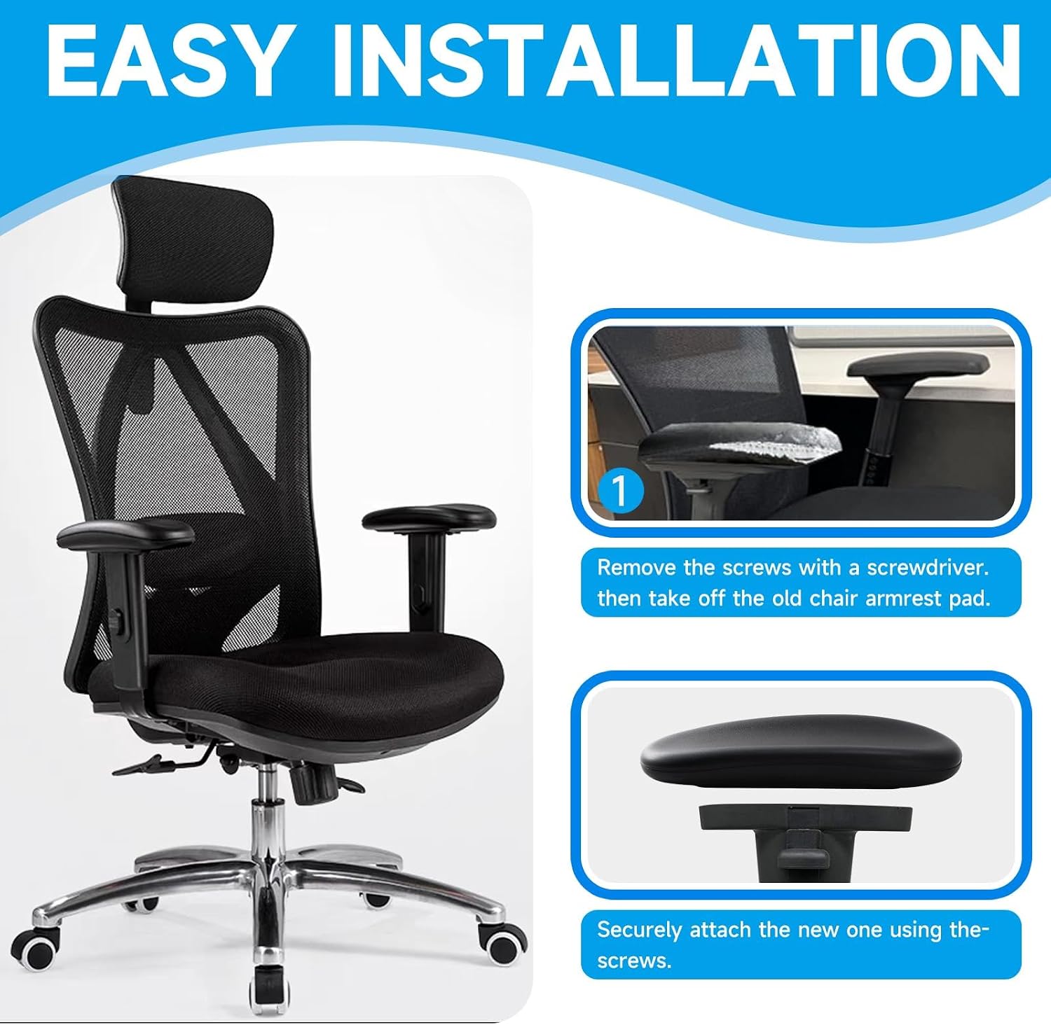 Office Chair Replacement Armrest Arm Rest Pads Caps Fit Univeral Desk Chair Arms 4" Mounting Hole with Mounting Hole Patterns Screws Black