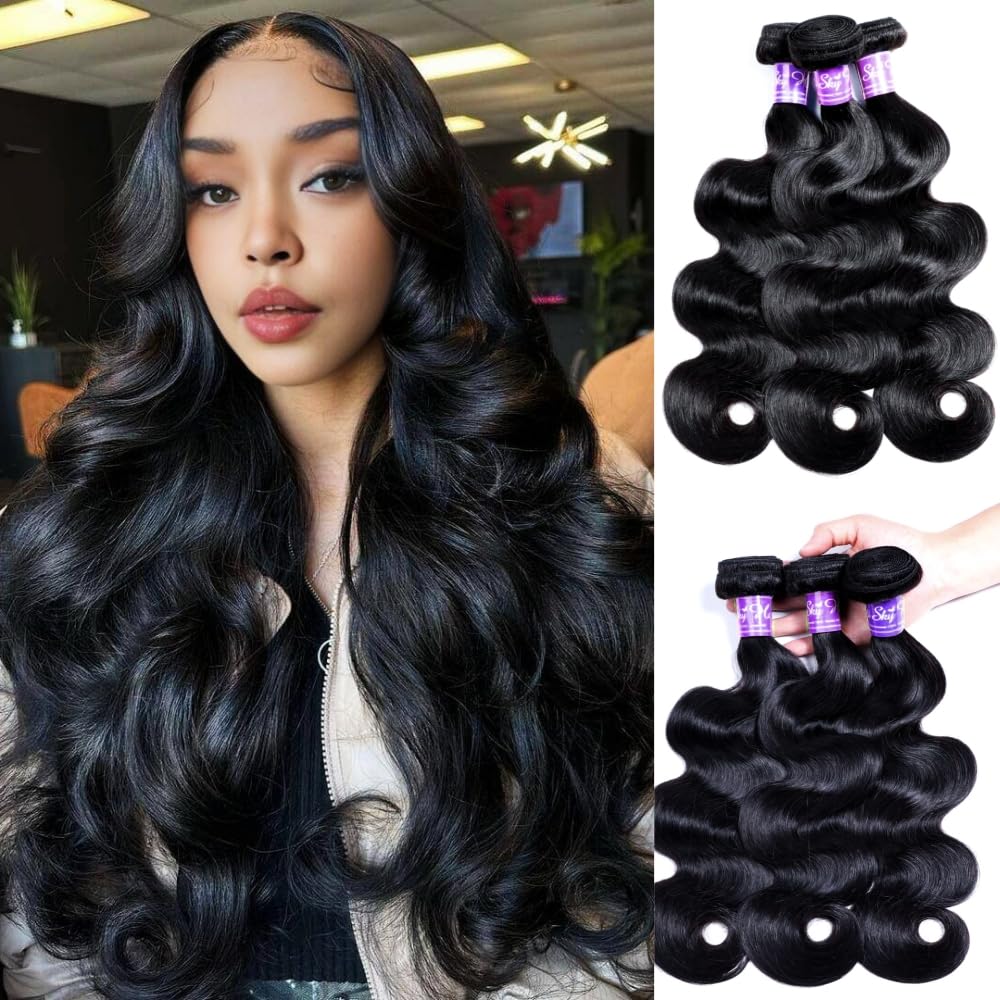 Body Wave Bundles Human Hair 16 18 20 Bundles Human Hair 3 Bundles Body Wave Natural Black Bundles 100% Raw Unprocessed Brazilian Virgin Human Hair Bundles Hair Extensions for Women
