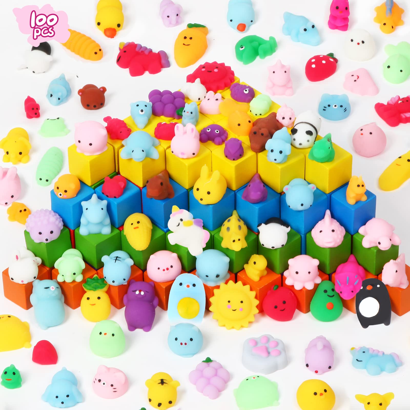 LIKYMO Mochi Squishy Toys Set, 100 PCS Mini Kawaii Squishies, Stress Relief Fidget Toys Party Bag Fillers for Kids Boys Girls, Birthday Return Gifts Party Favours(classic)