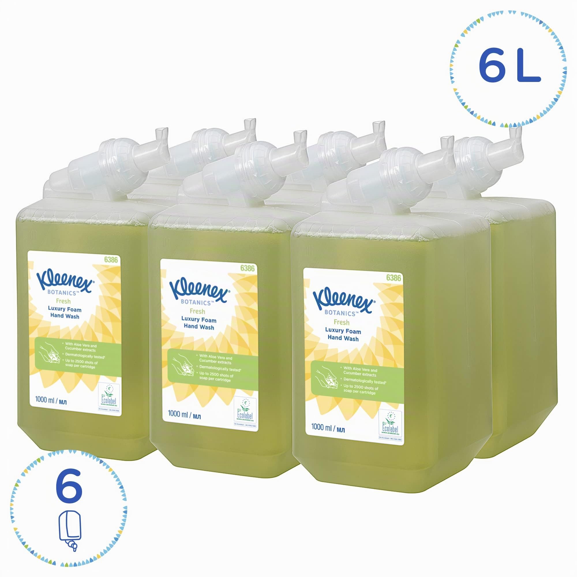 Kleenex Botanics Fresh Savon mousse pour les mains 6386 - Savon mousse parfumé pour les mains - 6 recharges x 1 litre de savon pour les mains, couleur verte (6 litres au total)