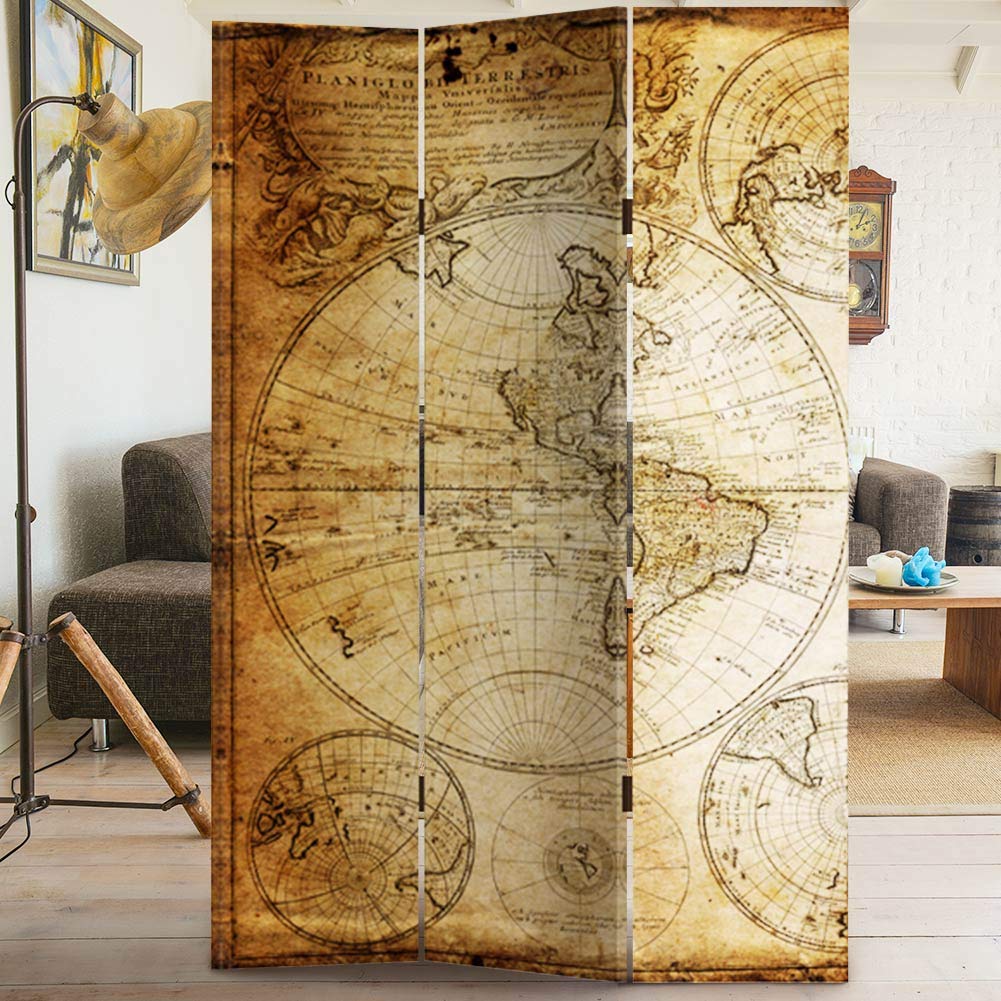 Paravento Divisorio A 3 Pannelli In Legno E Tela Stampata - 120x180x2,5 Cm, Design Diverso Su Ogni Lato, Facile Da Montare - 3