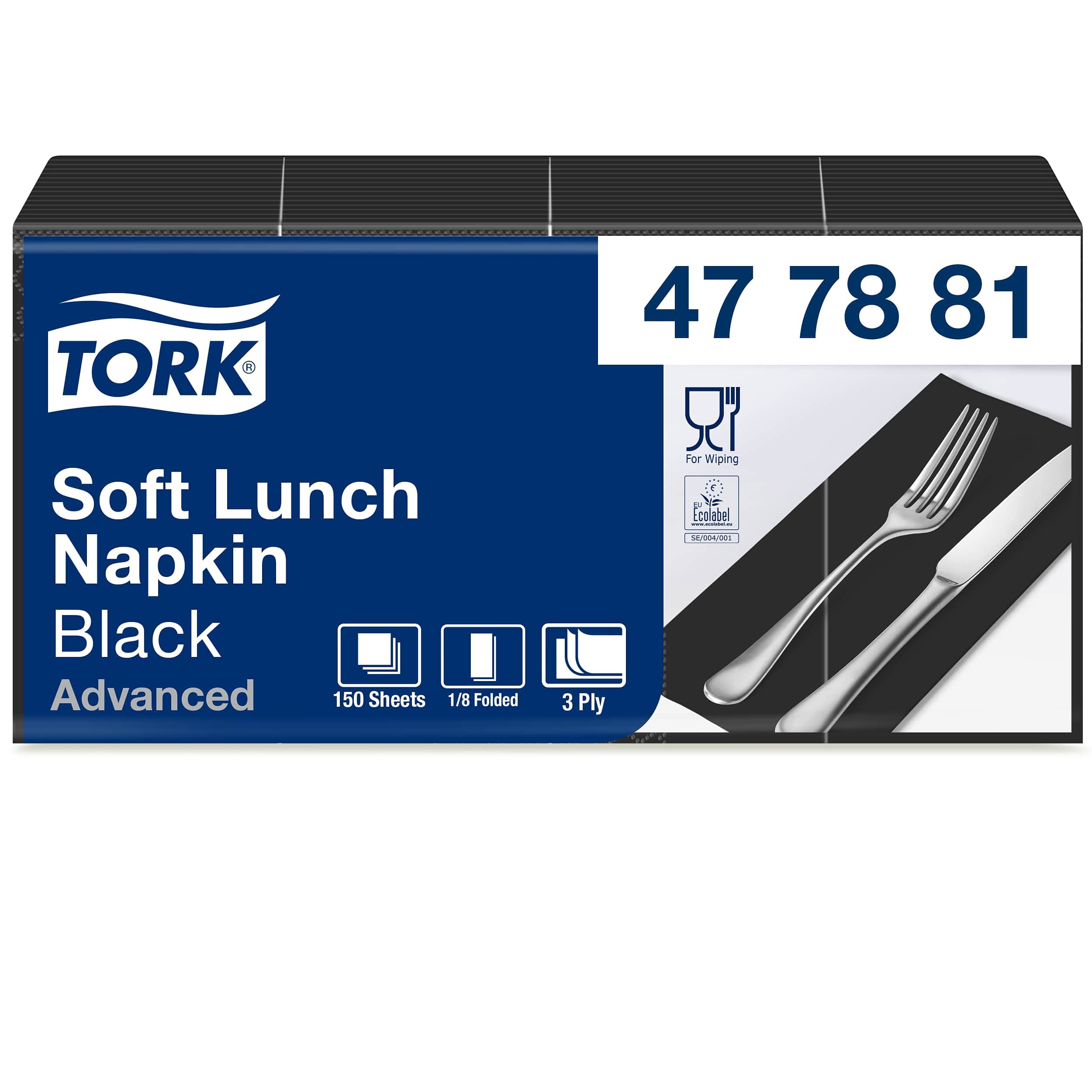 Tork 477881 Soft Lunch/Servilletas para almuerzo de tres capas/plegado americano 1/8 / color negro / 10 paquetes x 150 unidades (1500 servilletas) / 33 x 32,6 cm/Advanced