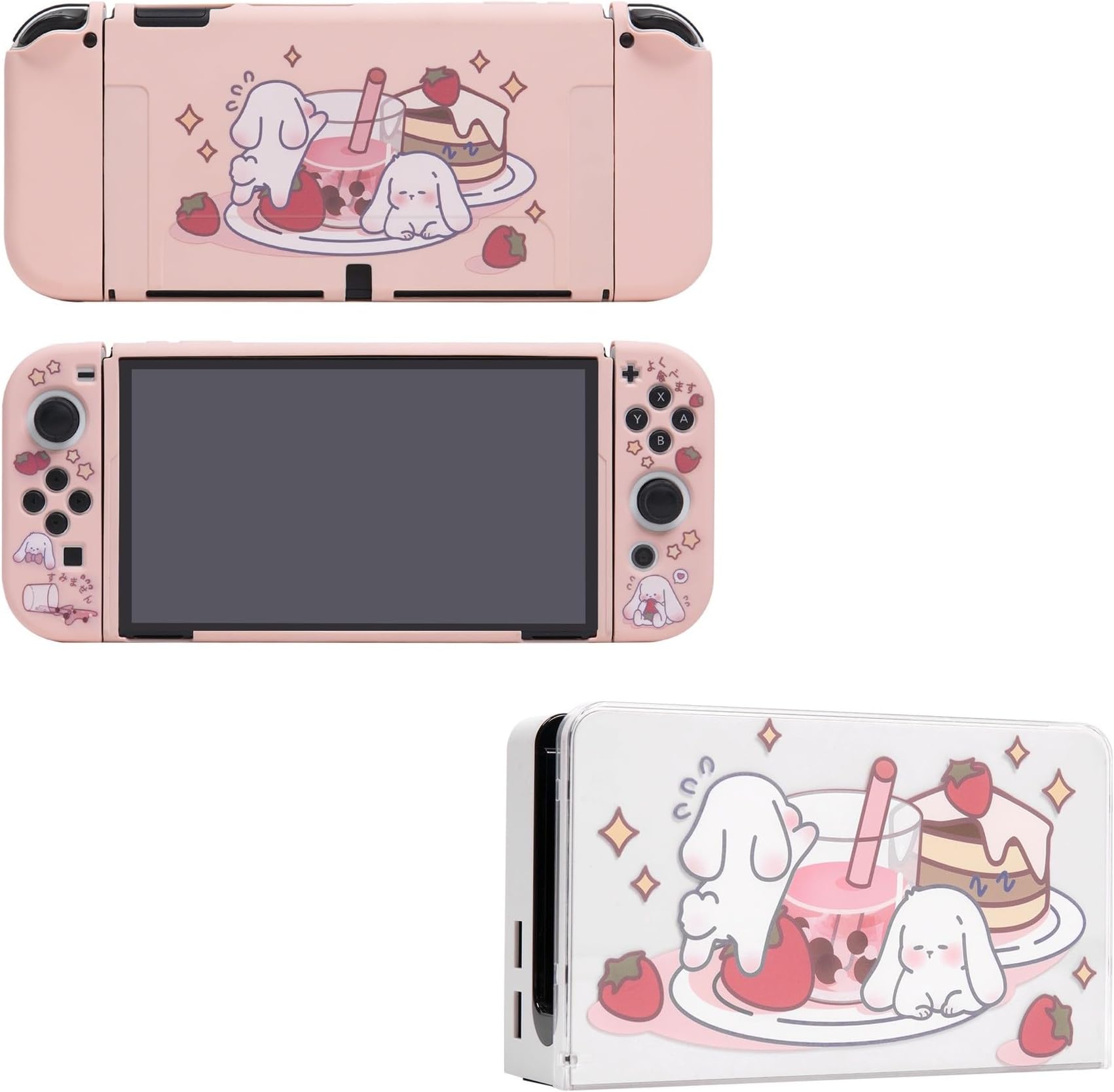 Milk Tea Bunny Switch OLED Protective Case & Dock Cover Set, Protective Skin Case Cover Faceplate Sleeve Compatible with Nintendo Switch OLED Console, Joy-Cons and Charging Dock