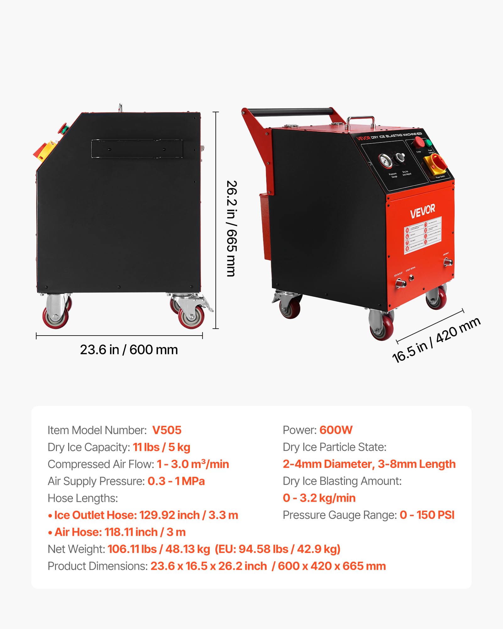 VEVOR Macchina per Pulizia con Ghiaccio Secco, capacità 5 kg con 4 Ugelli, Pulitrice a Ghiaccio Secco, Pressione Regolabili, per Auto, Navi, Aviazione, Prodotti Chimici, Sicuro e Senza Residui