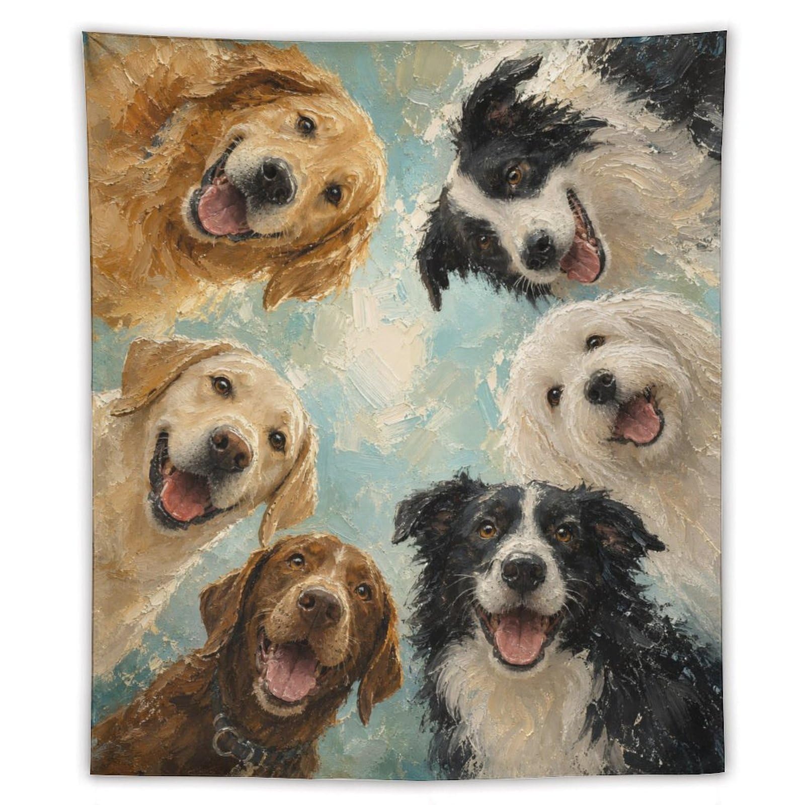 W7C8U2X3 Happy Dog Group Portrait Wall Tapestry, Realistic Illustration