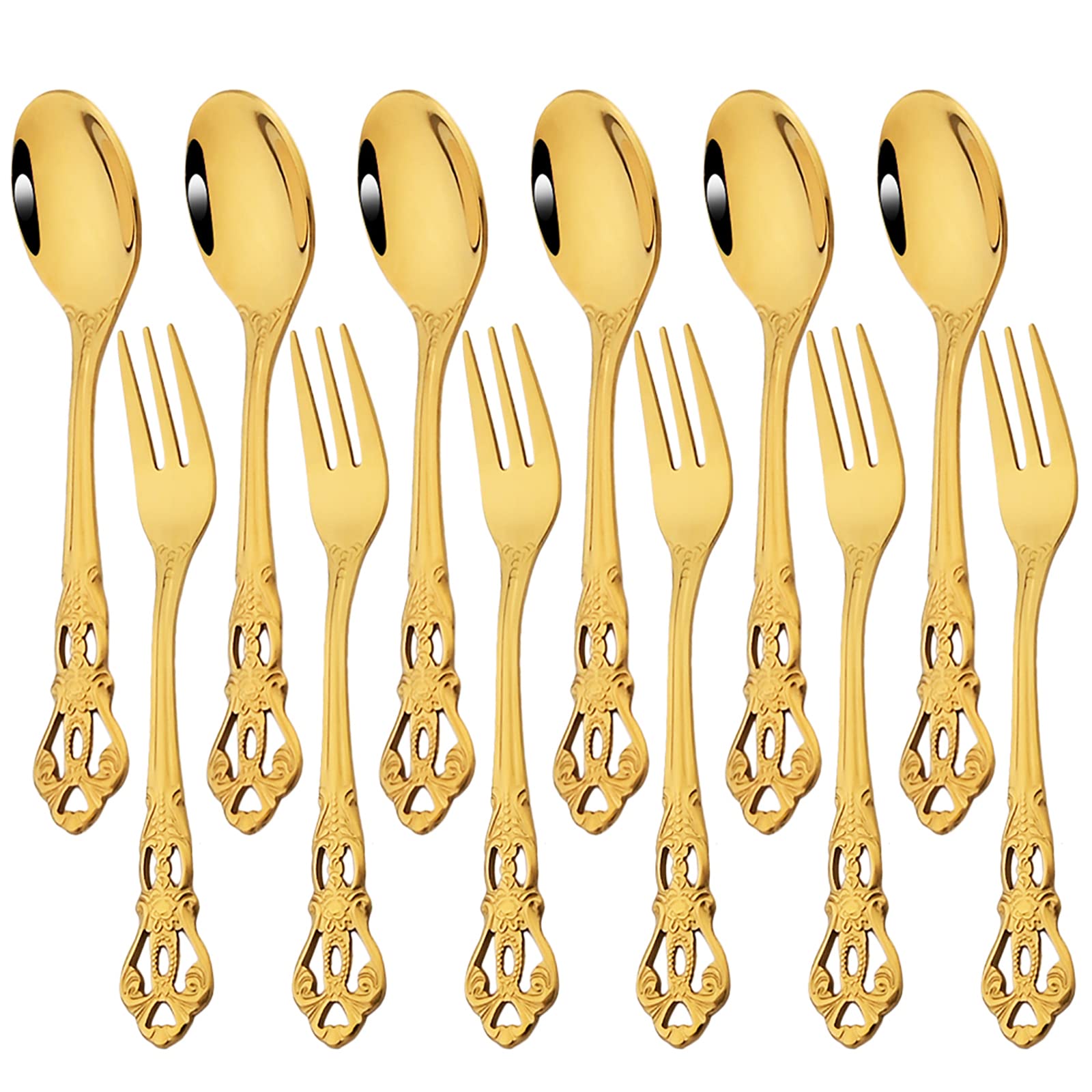 Snplowum 12-Piece Gold Stainless Steel Vintage Coffee Spoon And Cake Fruit Forks, Kitchen Accessory For Dessert, Salad, Appetizer (6 Forks + 6 Spoons)