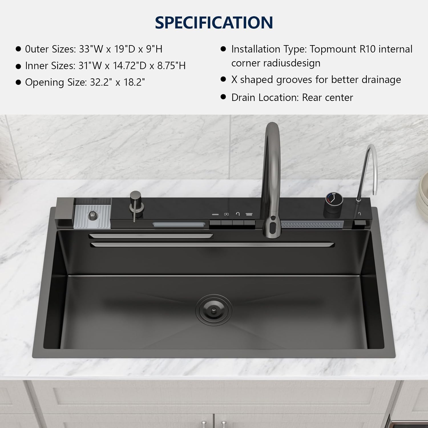 Logmey 33" Smart Dual Waterfall Sink with Digital Display,Water Purifier,Nano PVD Black Drop in Kitchen Sink with Faucet,16 Gauge Stainless Steel Sinks with Temperature Control Knob,5 Buttons,33x19x9