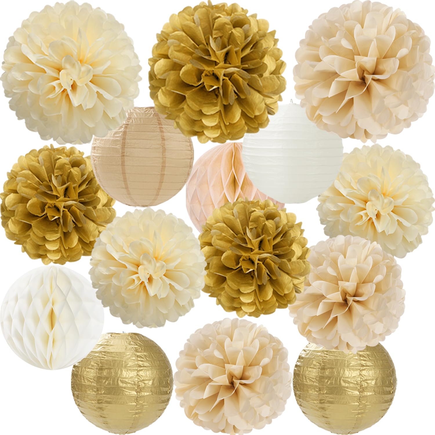 Photo 1 of Gold White Champagne Beige Paper Flowers Tissue Pom Poms Honeycomb Lanterns 15pcs Party Decorations Engagement Birthday Wedding Baby Bridal Shower Hanging Supplies Mprocherify