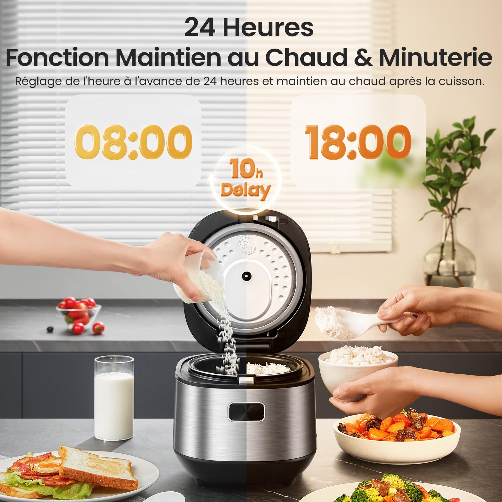 Midea Cuiseur de Riz Multifonction 2L, 9 Programmes, 4 Tasses pour 1-3 Personnes, Chauffage Avancé, Riz Prêt en 30 Min, Antiadhésif, Maintien au Chaud 24h et Minuteur, Panier Vapeur Inclus
