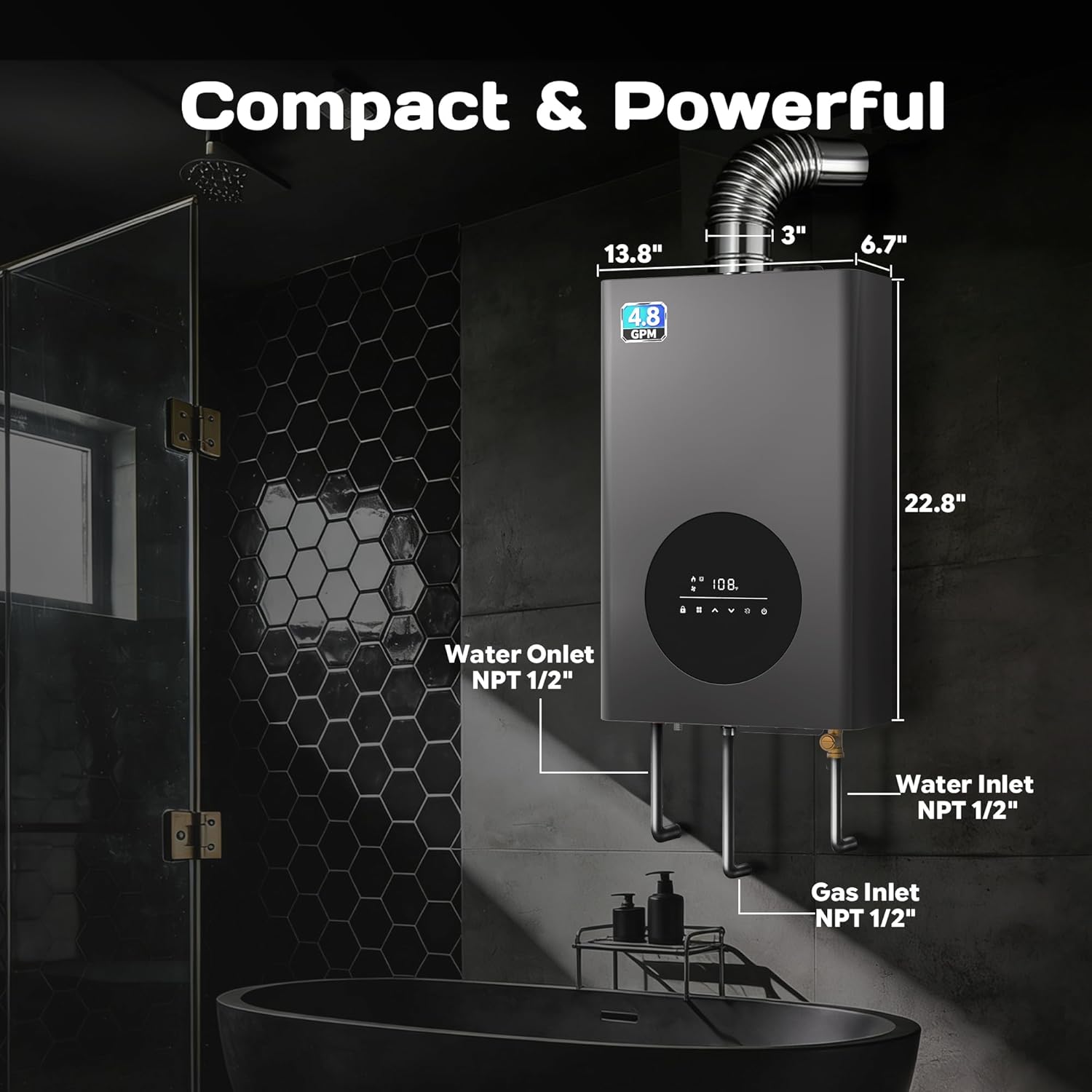 Propane Tankless Water Heater Indoor, 4.8 GPM Powerful Instand on Demand Propane Hot Water Heater 110,000 BTU, LED Touch Screen Residential Waterheater for Wholehouse, Exhaust Pipe Included