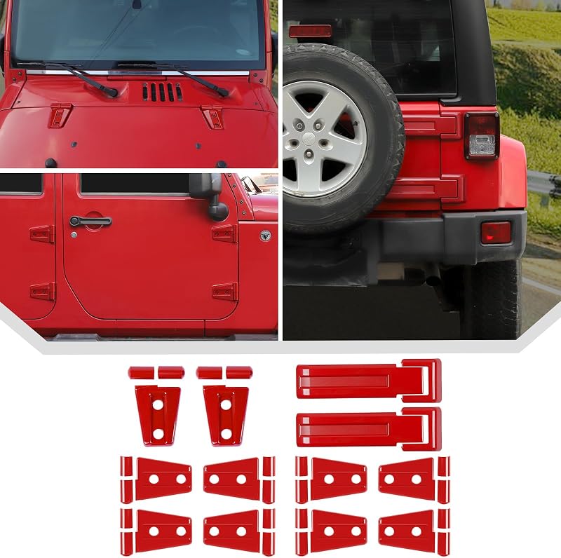 Kit de capas de acabamento para dobradiças JeCar vermelho para Jeep Wrangler JK 4 portas 2007–2018 – 12 peças