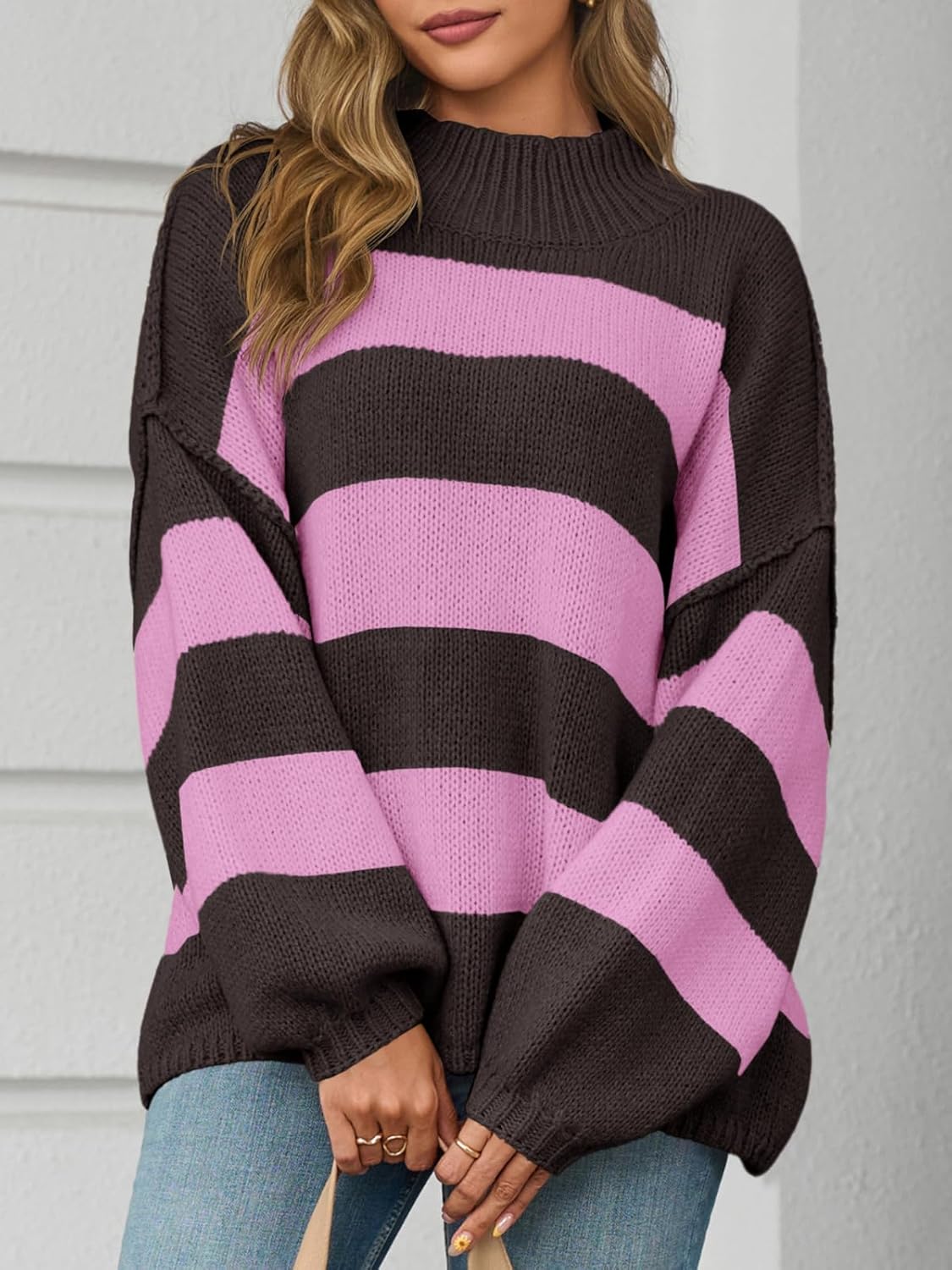 Saodimallsu Womens Oversized Striped Sweater Mock Neck Chunky Knit Lantern Long Sleeve Fall Trendy Tunic Sweaters Top - Image 4