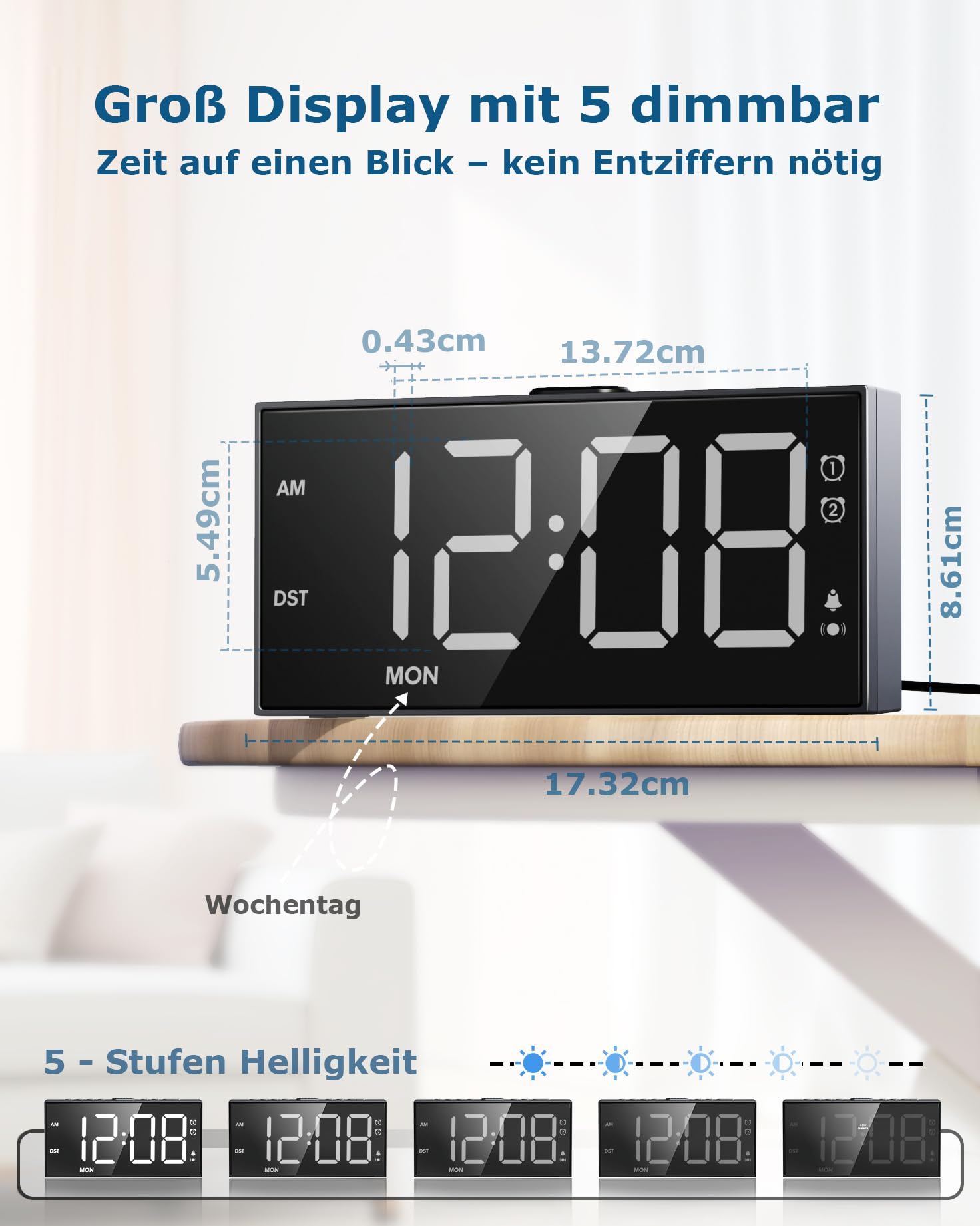 ROCAM Sveglia da Comodino con Vibrazione per Sordi&Dormiglioni Profondi&Non Udenti, Doppio Allarme, 7,5 Led Grande Schermo, 12/24 Ore, Dst, Snooze, Dimmer, Volume Regolabile, Porta Usb