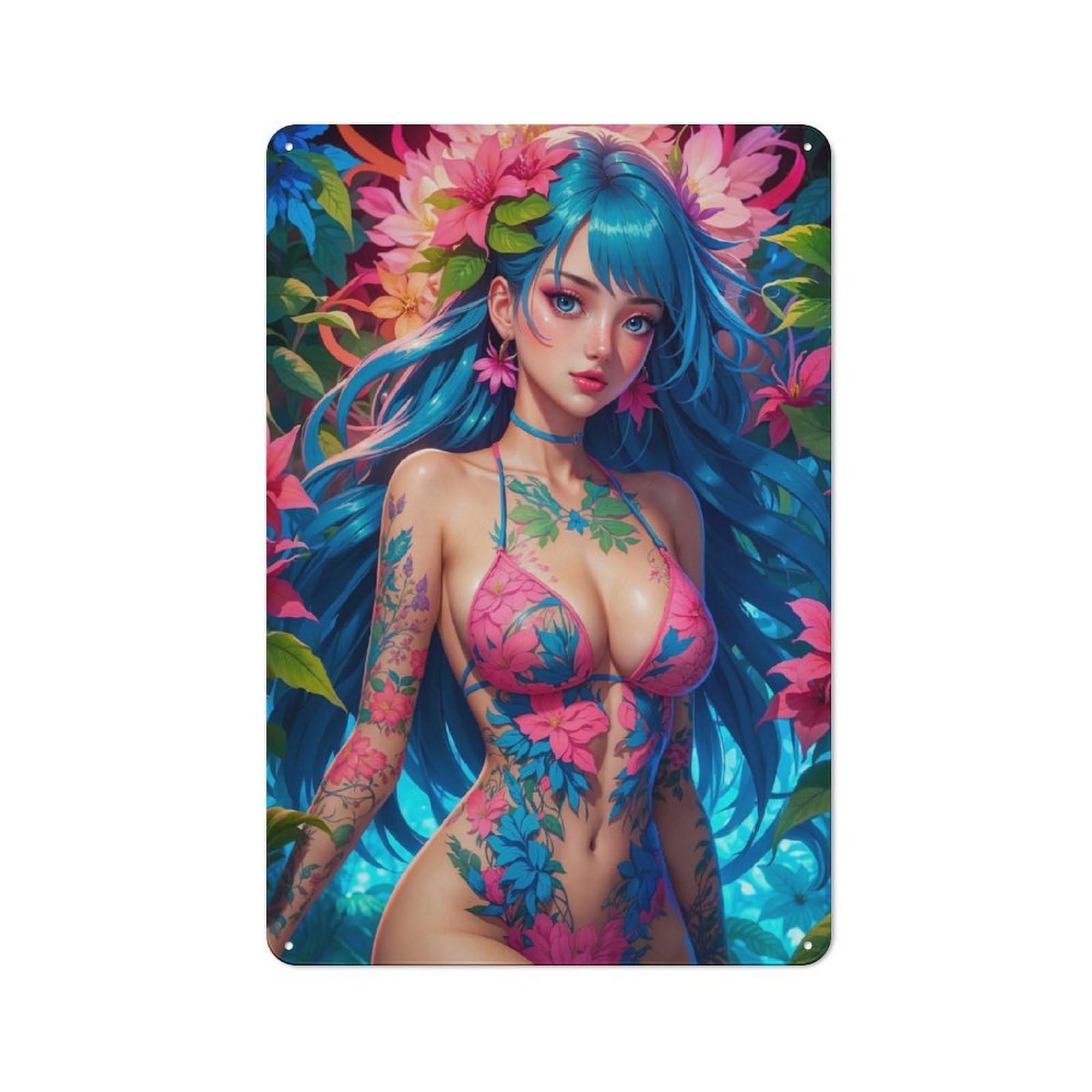 Junmoney Girls Style-22 Metal Wall Sign 30X20cm Featuring Manga Flower For Café Or Home Bar, For Collectors Decorating Cafés And Home Bars