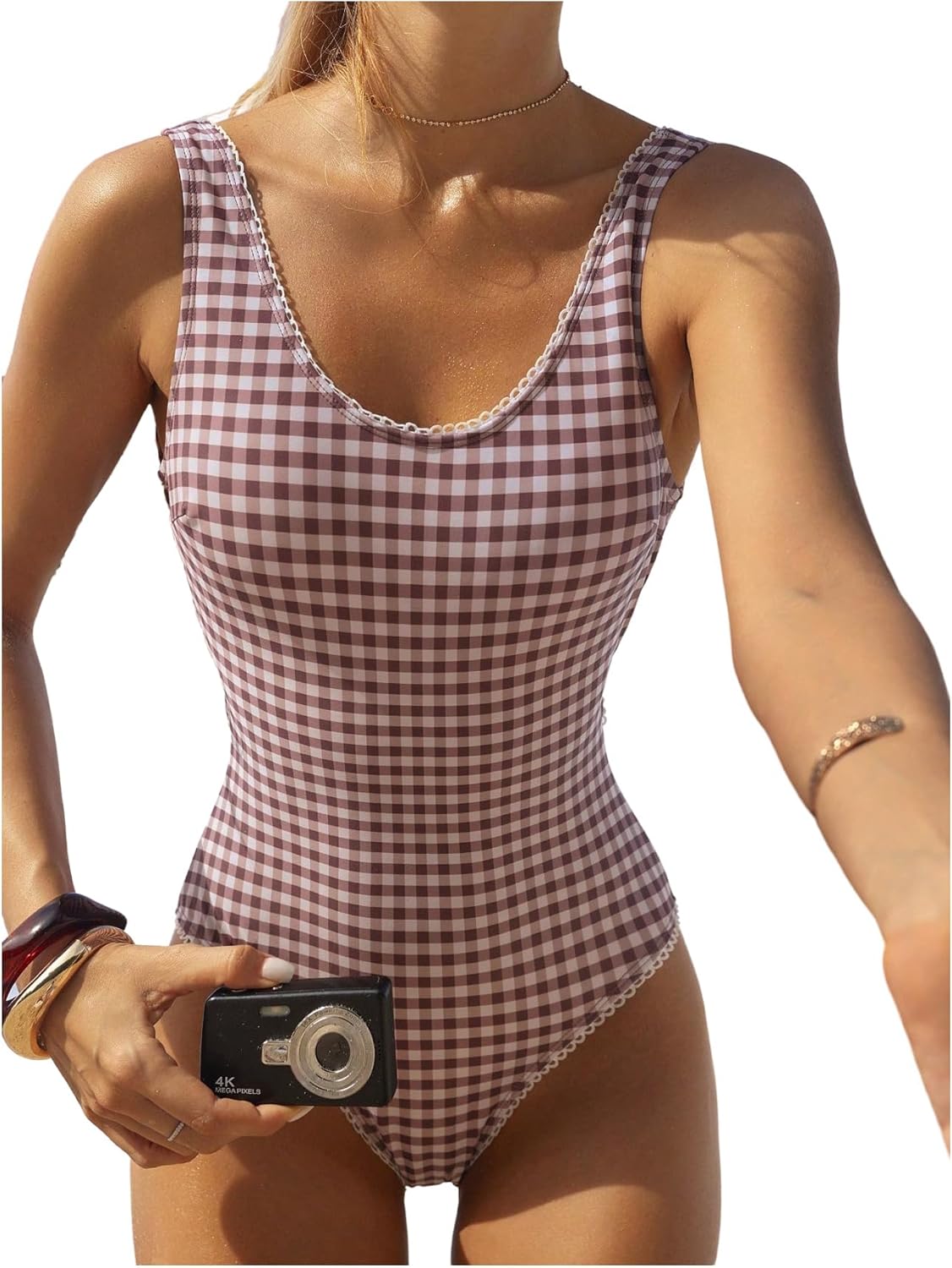 Women's Gingham One Piece Swimsuit Tummy Control Open Back Swimwear Spaghetti Strap Plaid Bathing Suits 2026