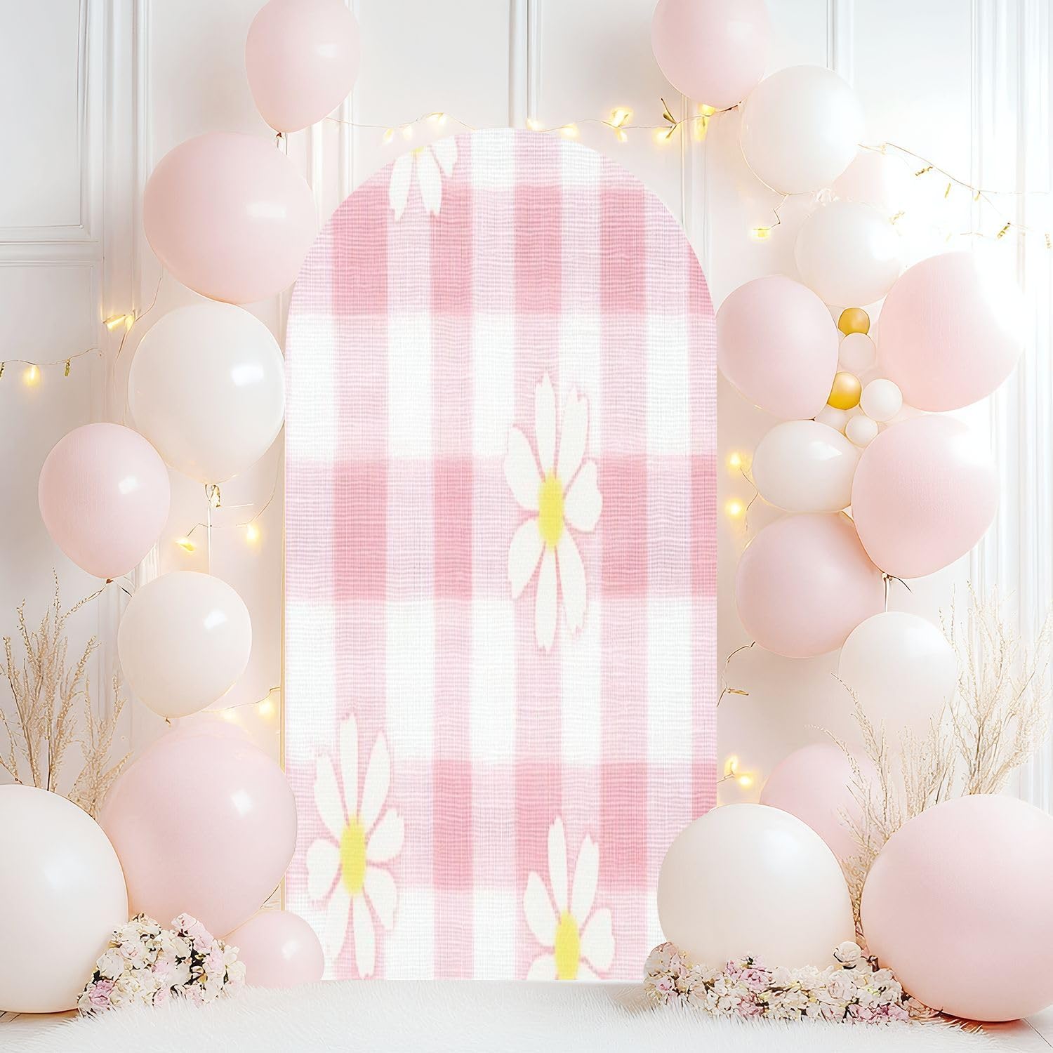 Wedding Arch Backdrop Cover 7.2FT Beige Gingham Pattern Seamless Pastel Check Plaid Beige White for Spandex Fitted Arch Cover Round Top Stands Cover for Birthday Party Ceremony Banquet Decoration