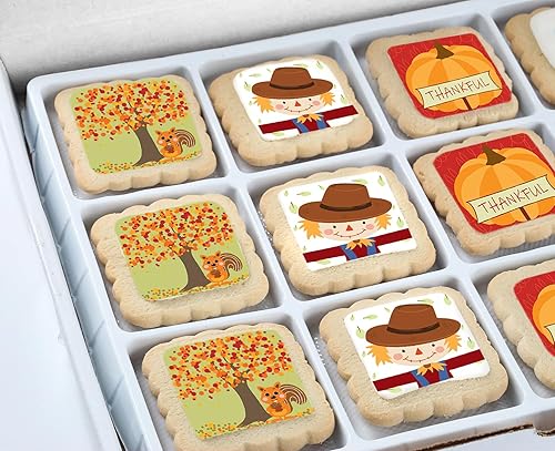 Miniatura 3 de Paquete de 12 galletas de Acción de Gracias decoradas  Galletas de azúcar envueltas individualmente  Cesta de regalo Calabaza Pavo Espantapájaros