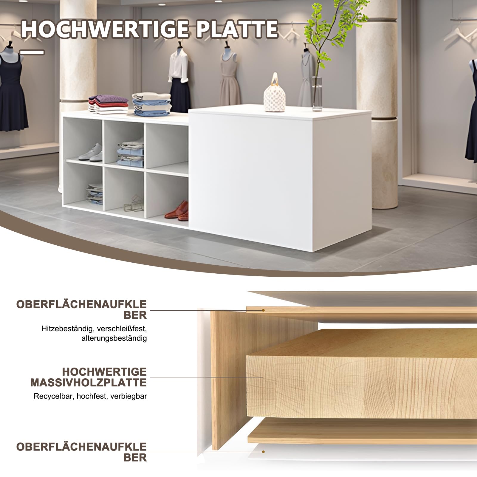 Empfangstheke, Modern Empfangstresen mit Schließfach und 2-Stufigem Design, 140–240 cm Großer Thekentisch, Geeignet für Salons, Büros, Lobbys, Einzelhandelsgeschäfte