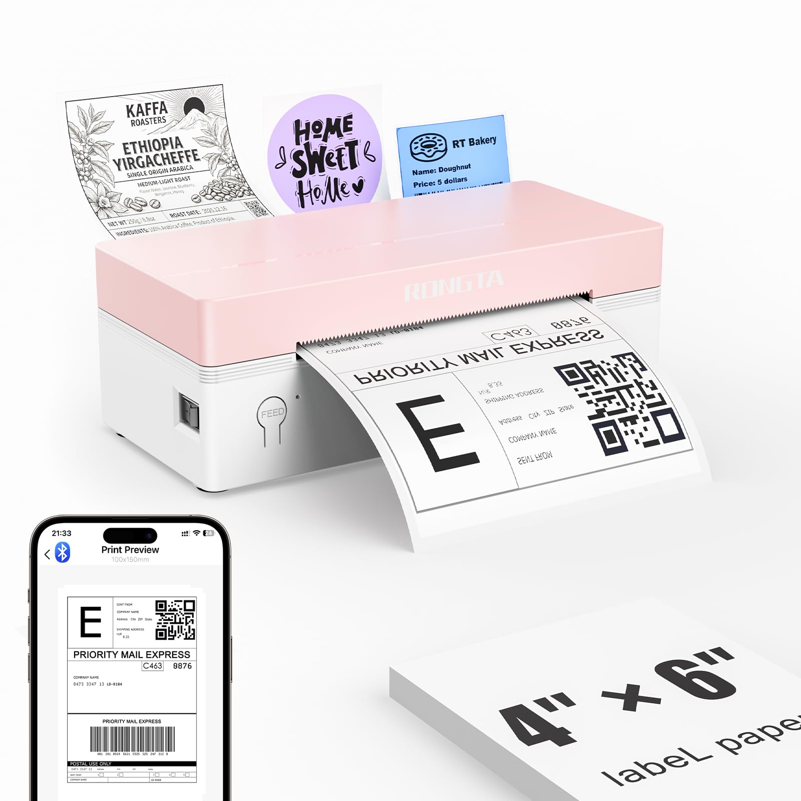 Rongta 4x6 Bluetooth Thermal Label Printer, Wireless Shipping Label Printers for Shipping Packages Small Business Office or Home, Compatible with iPhone Android iPad macOS Windows, Pink