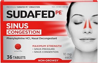 Sudafed PE Maximum Strength Sinus Congestion Tablets, 10mg Phenylephrine HCl, Non-Drowsy Relief for Sinus Pressure & Nasal Congestion, 36 Ct