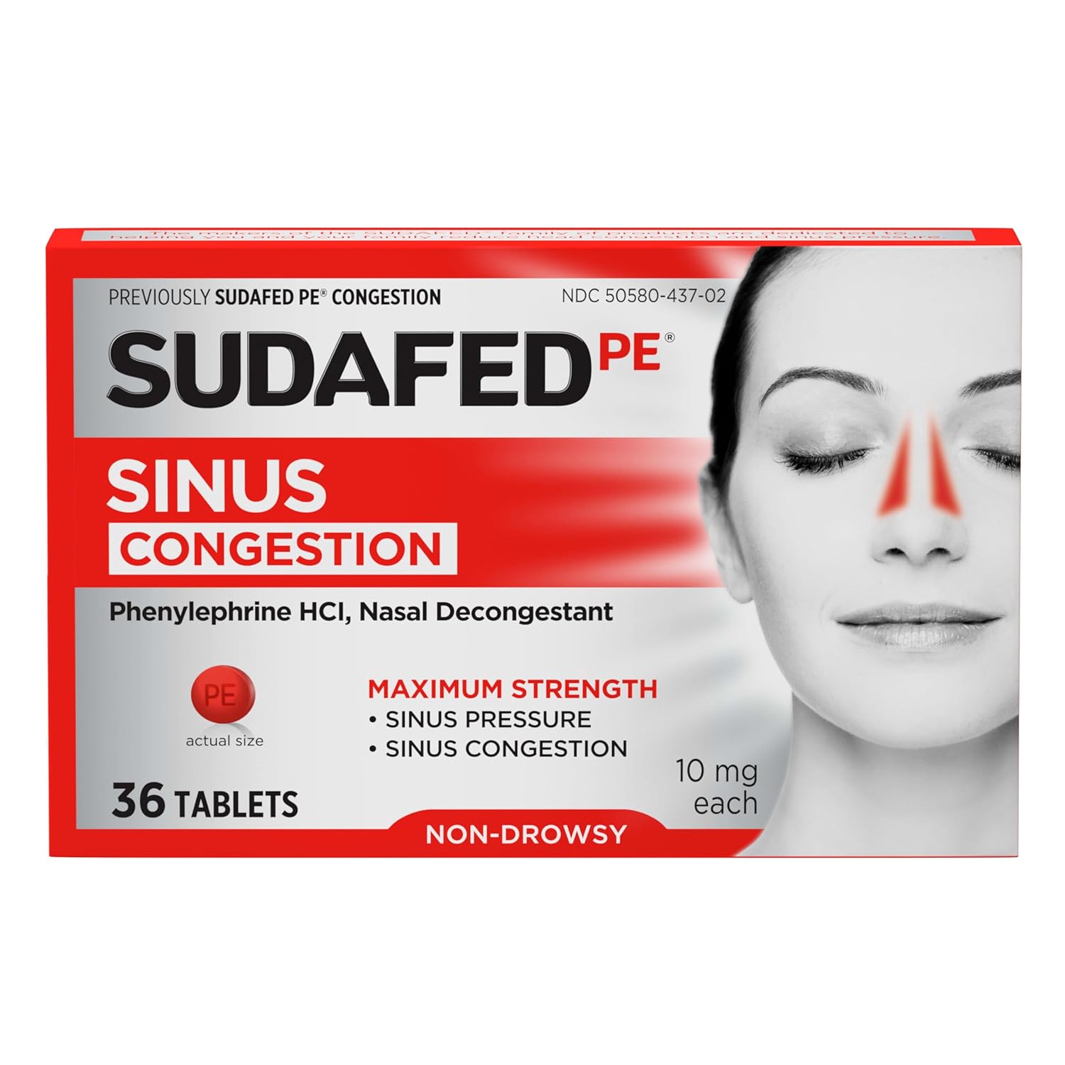 Sudafed PE Sinus Congestion Relief Tablets Maximum Strength Non-Drowsy 10 mg Phenylephrine HCI Decongestant for Sinus Pressure Nasal