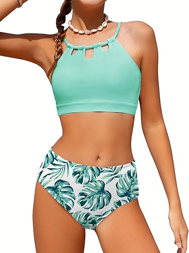 AMAWMW Girls Swimsuit Two Piece Bathing Suit Adjustable Straps Cutout Bikini Sets Girls' Swimwear with Chest Pad Cyan 9-10Y