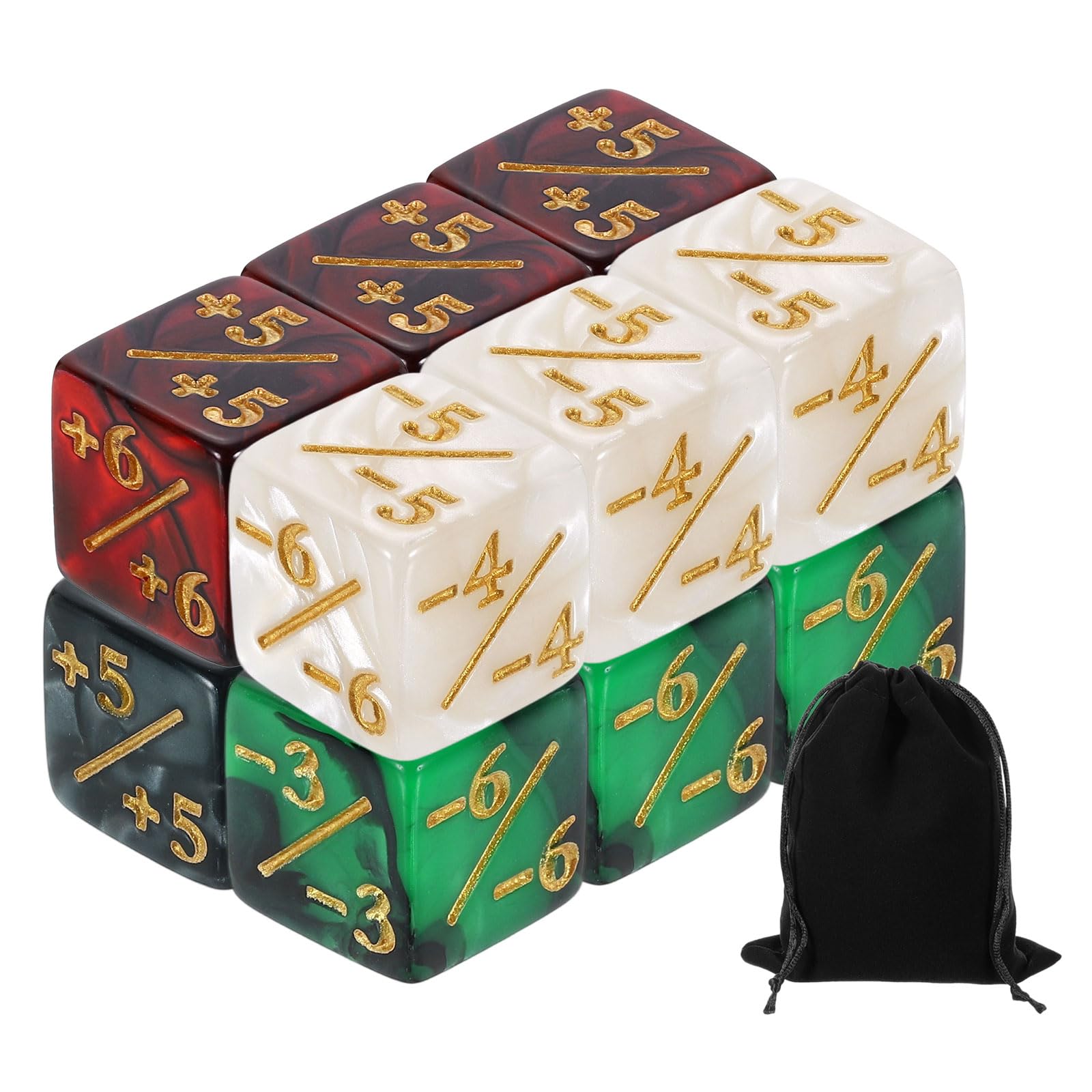uxcell 12Pcs Magic Dice Counters, Acrylic D6 Life Token Dice Set with Pouch for Standard Cards Gaming, White/Marble, Black/Marble, Red, Green
