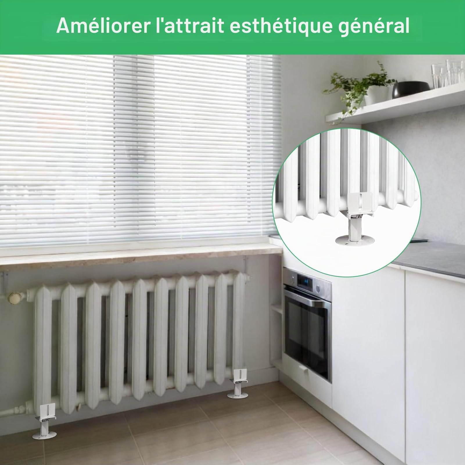Lot de 2 pieds de radiateur en aluminium, Résistance au Brouillard Salin, hauteur réglable de 11 à 16 cm, style architectural traditionnel, pour le positionnement vertical des radiateurs en fonte