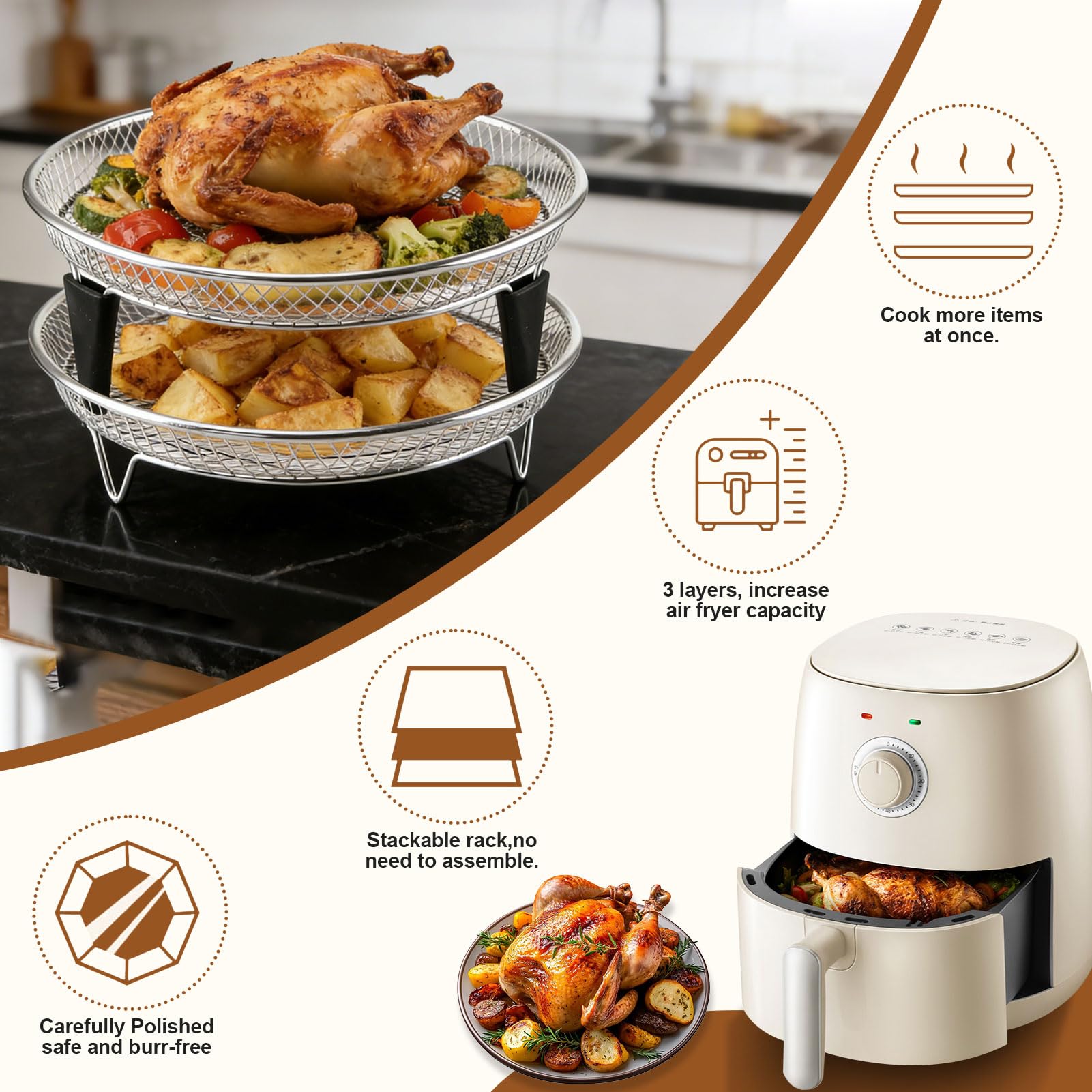 Airfryer Zubehoer, Heißluftfritteuse Zubehör Rund,Stapelbare Airfryer Gitter für Heißluftfritteuse,Air Fryer Grillrost Edelstahl 304,Einsatz für Heissluftfritteuse,für Ninja/COSORI/Philips (18cm-B)
