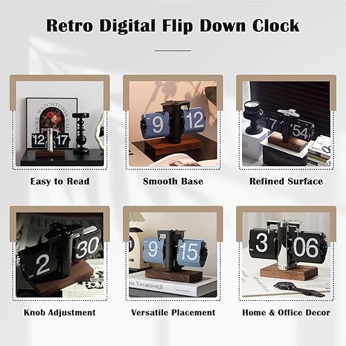 Miniatura 2 de VBESTLIFE Reloj digital retro abatible, funciona con pilas, reloj de mecánico clásico, base de nogal negro, para decoración del hogar y la oficina